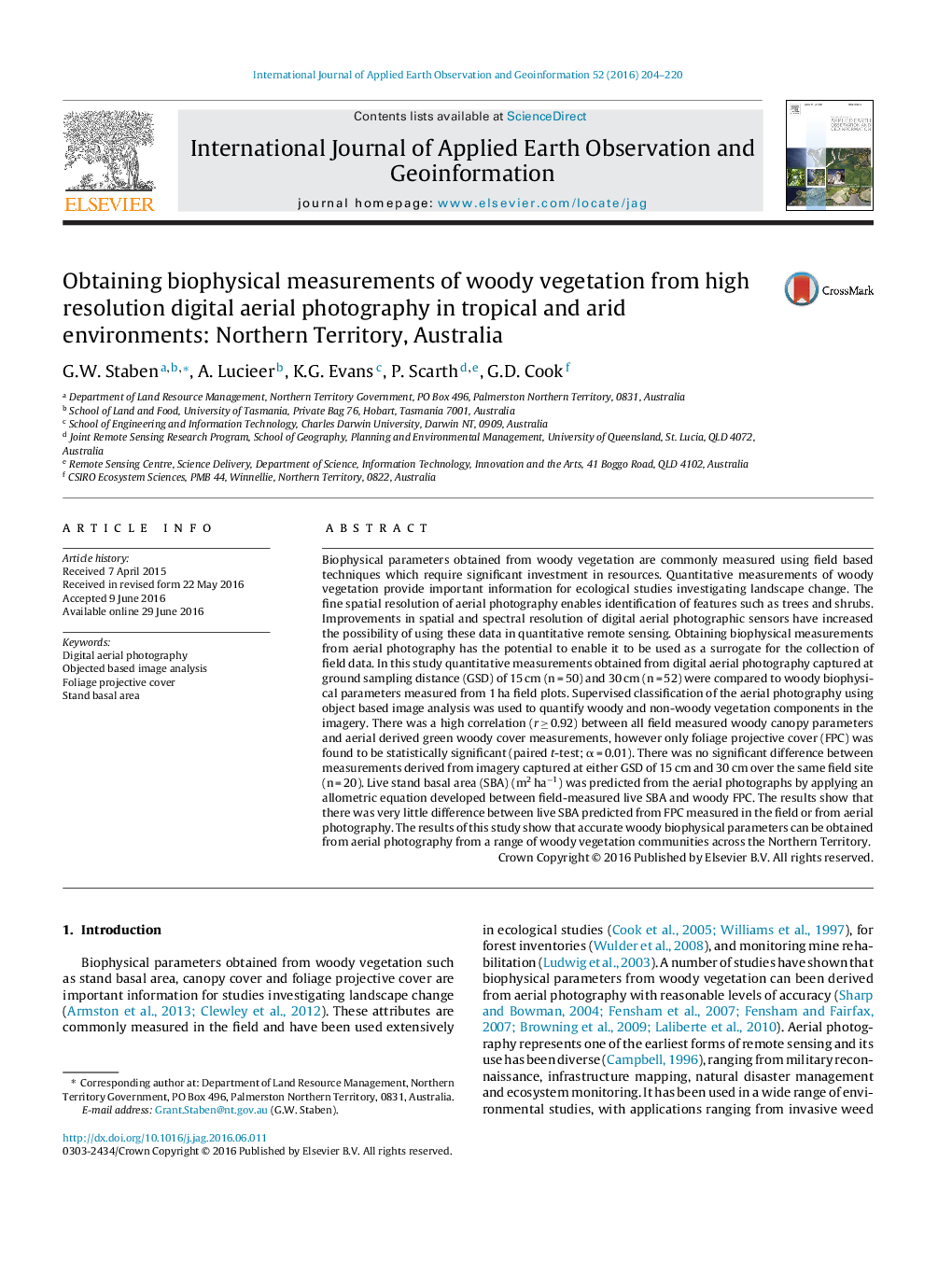 Obtaining biophysical measurements of woody vegetation from high resolution digital aerial photography in tropical and arid environments: Northern Territory, Australia