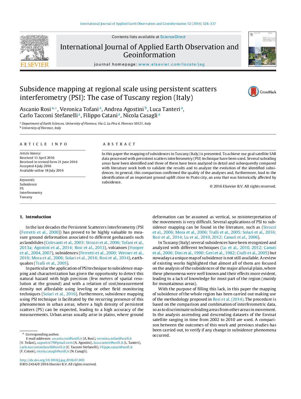 Subsidence mapping at regional scale using persistent scatters interferometry (PSI): The case of Tuscany region (Italy)