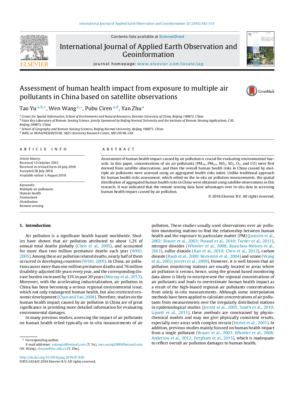 Assessment of human health impact from exposure to multiple air pollutants in China based on satellite observations