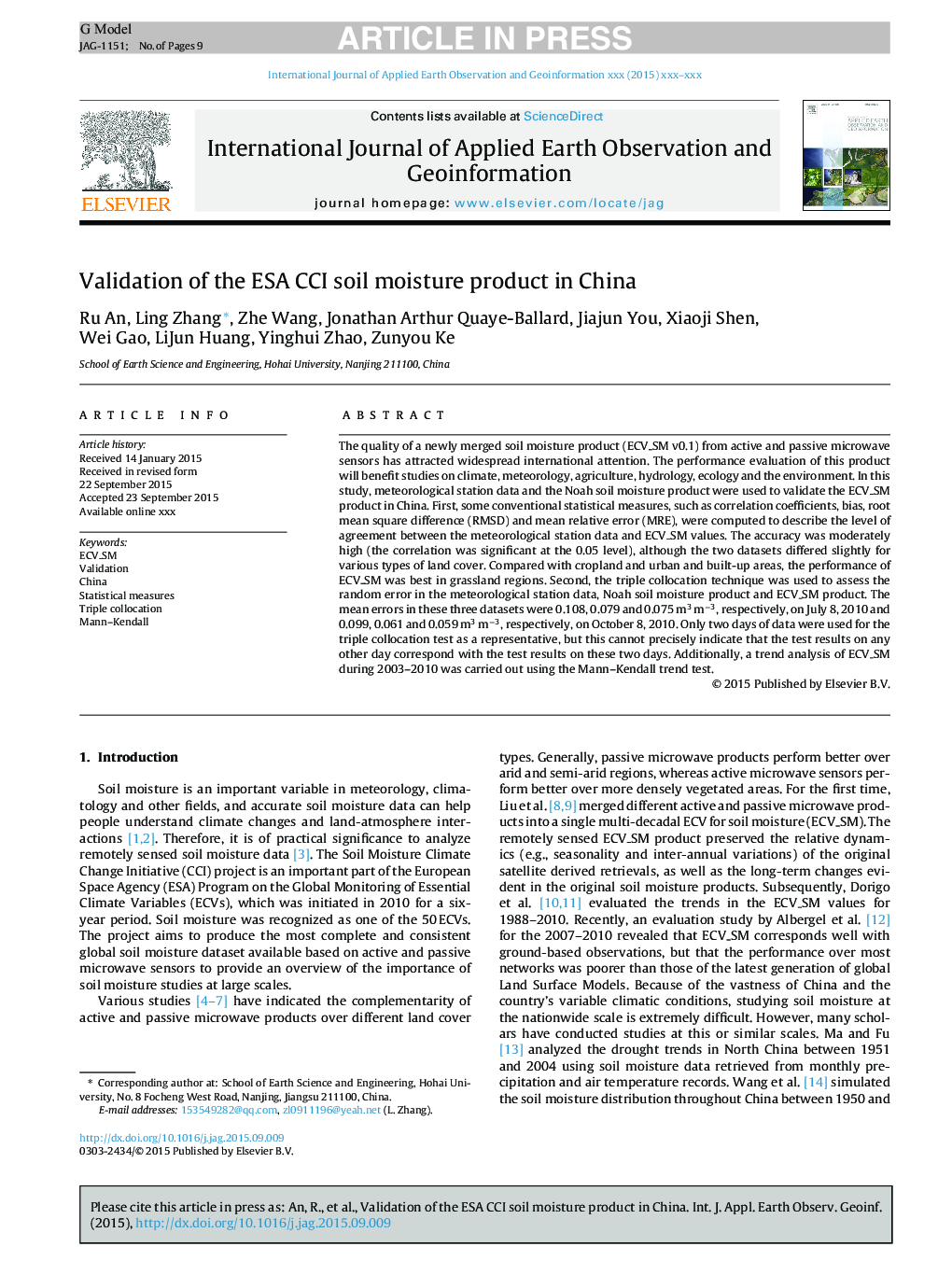 Validation of the ESA CCI soil moisture product in China