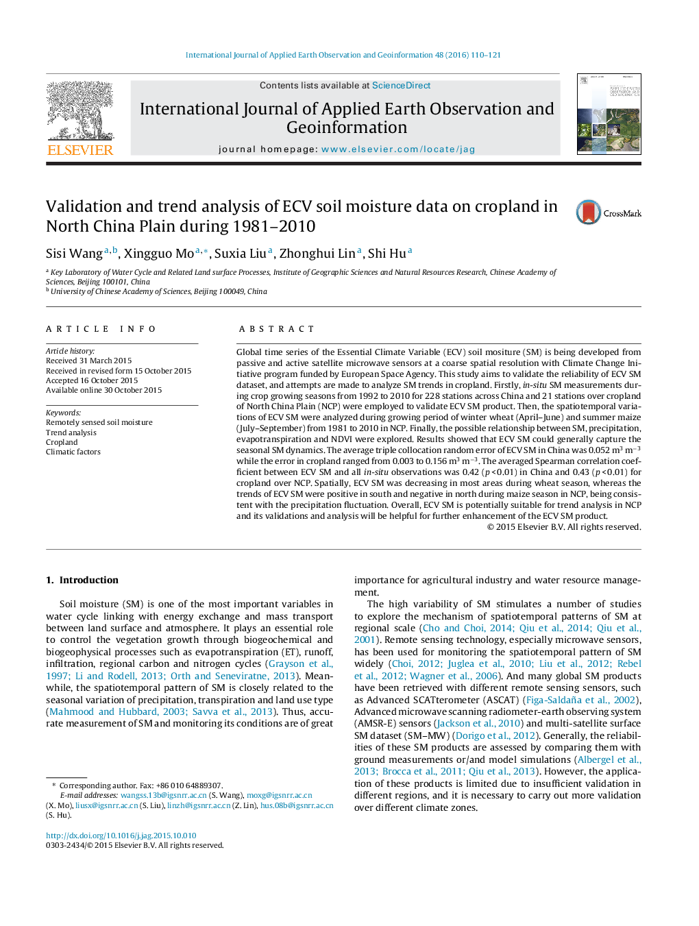 Validation and trend analysis of ECV soil moisture data on cropland in North China Plain during 1981-2010