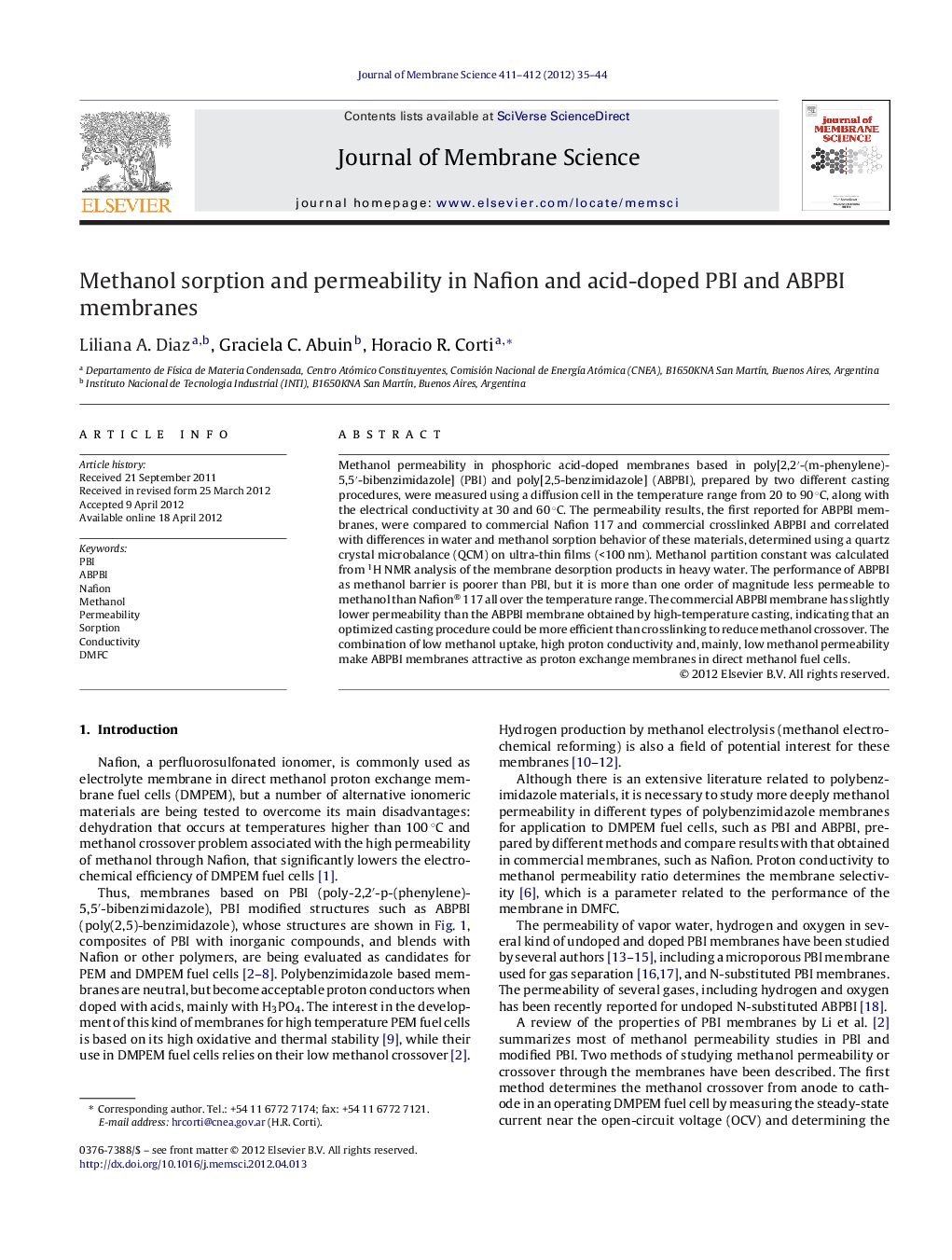 Methanol sorption and permeability in Nafion and acid-doped PBI and ABPBI membranes