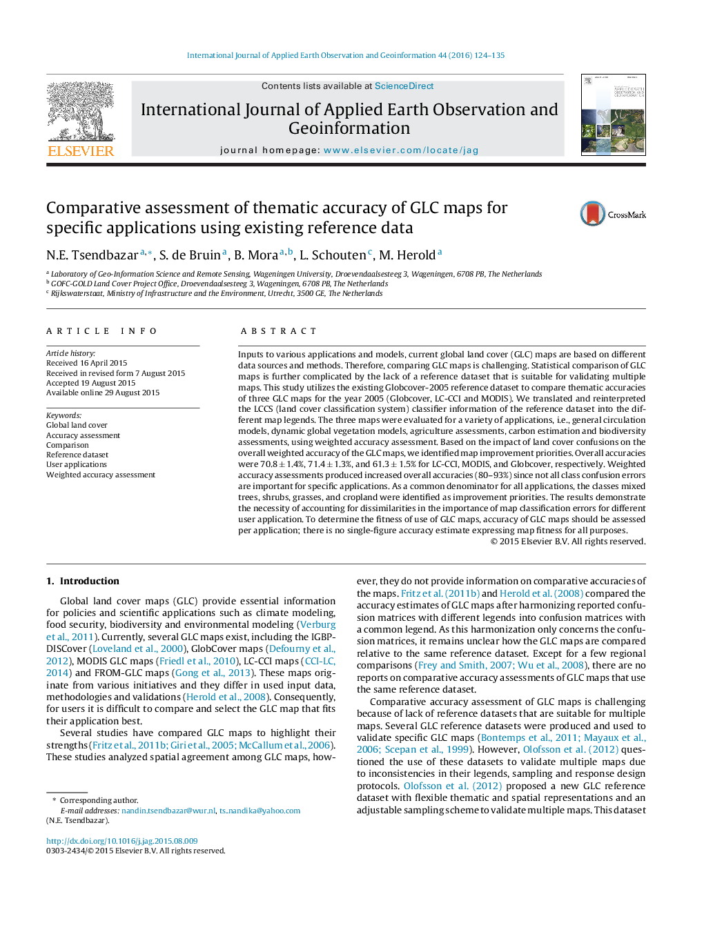 Comparative assessment of thematic accuracy of GLC maps for specific applications using existing reference data