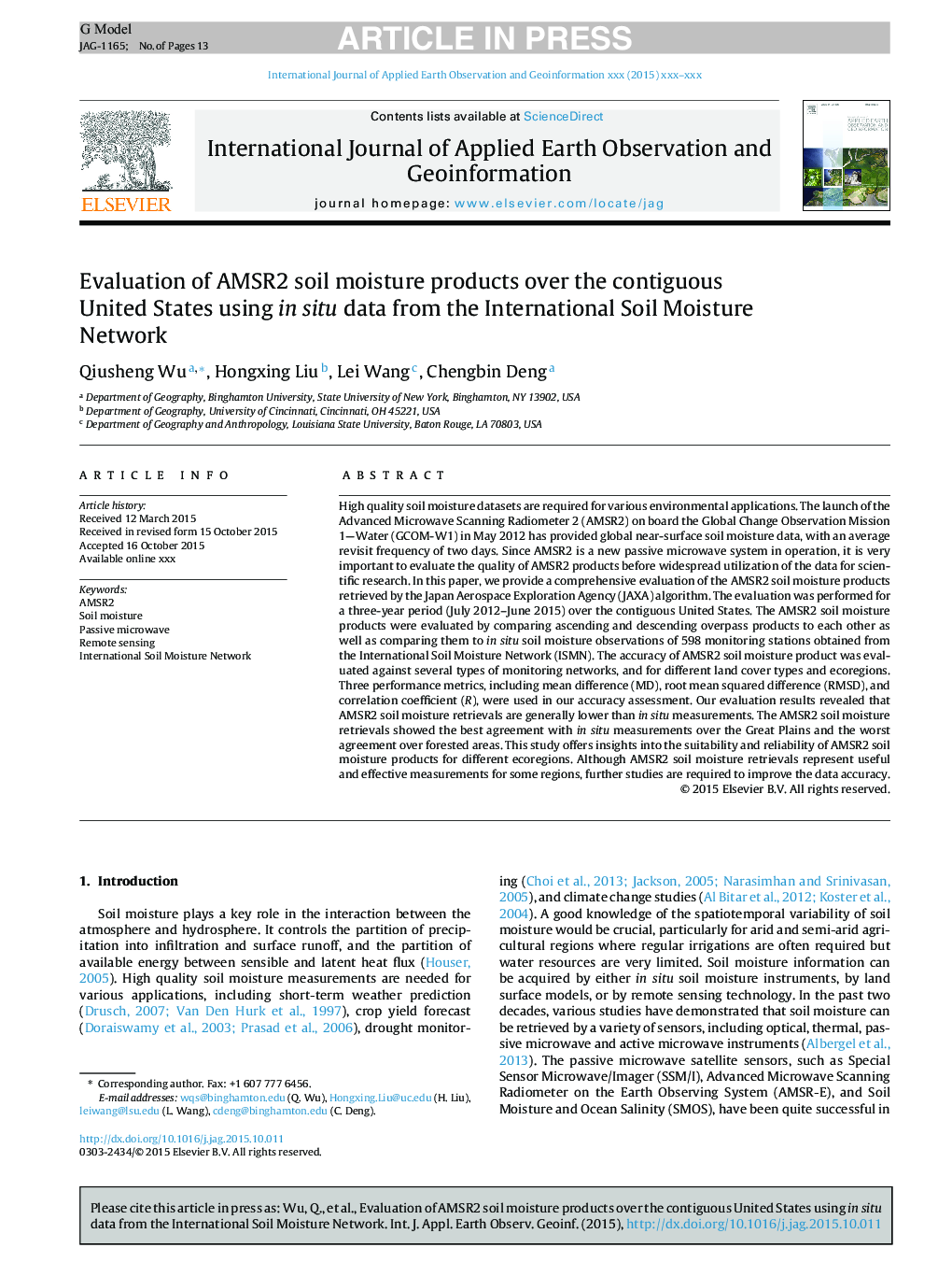 Evaluation of AMSR2 soil moisture products over the contiguous United States using in situ data from the International Soil Moisture Network