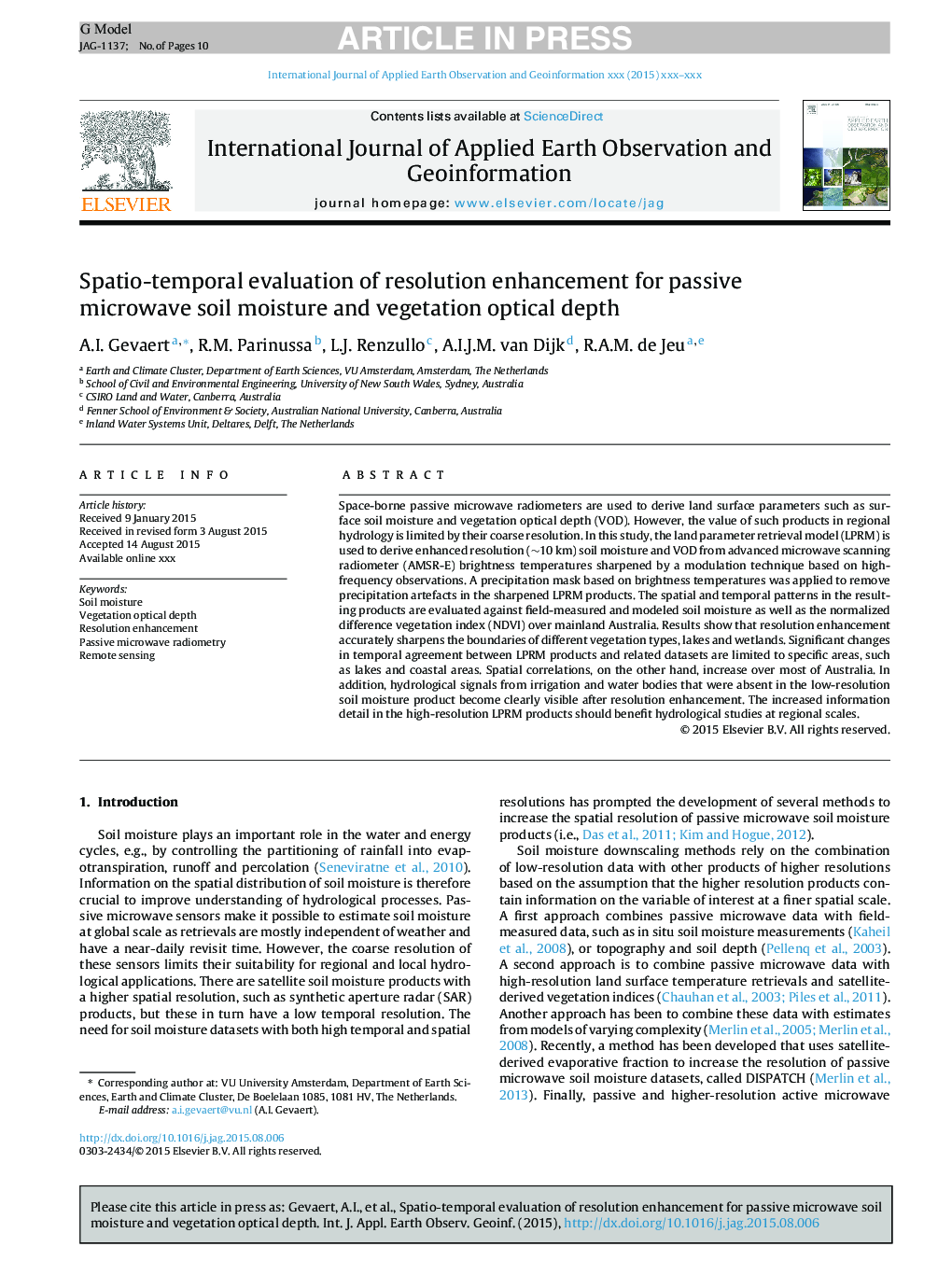 ارزیابی اسپکتیو-زمانی از افزایش رزولوشن برای رطوبت خاک مایکروویو غیر فعال و عمق نوری پوشش گیاهی 