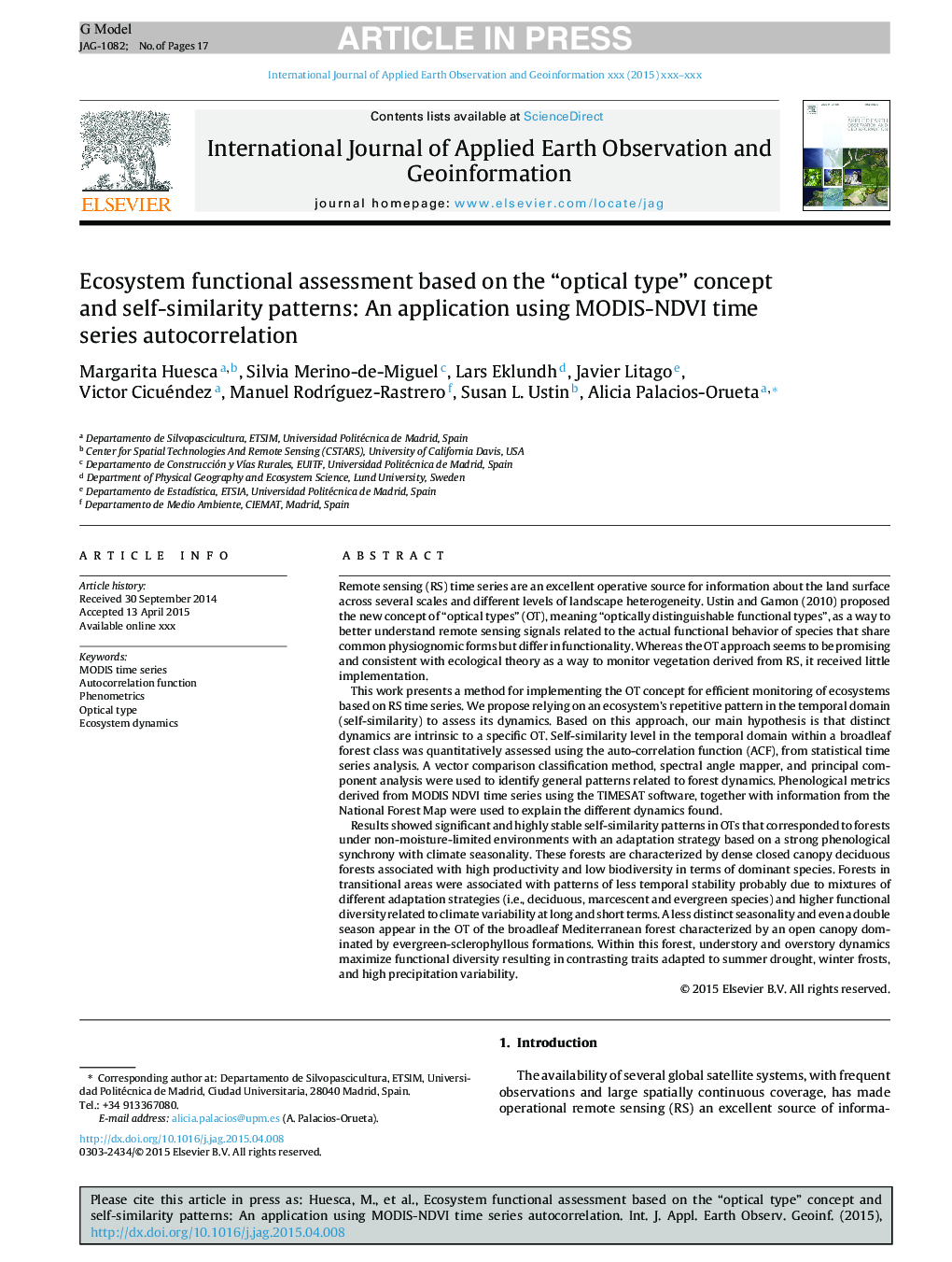 Ecosystem functional assessment based on the “optical type” concept and self-similarity patterns: An application using MODIS-NDVI time series autocorrelation