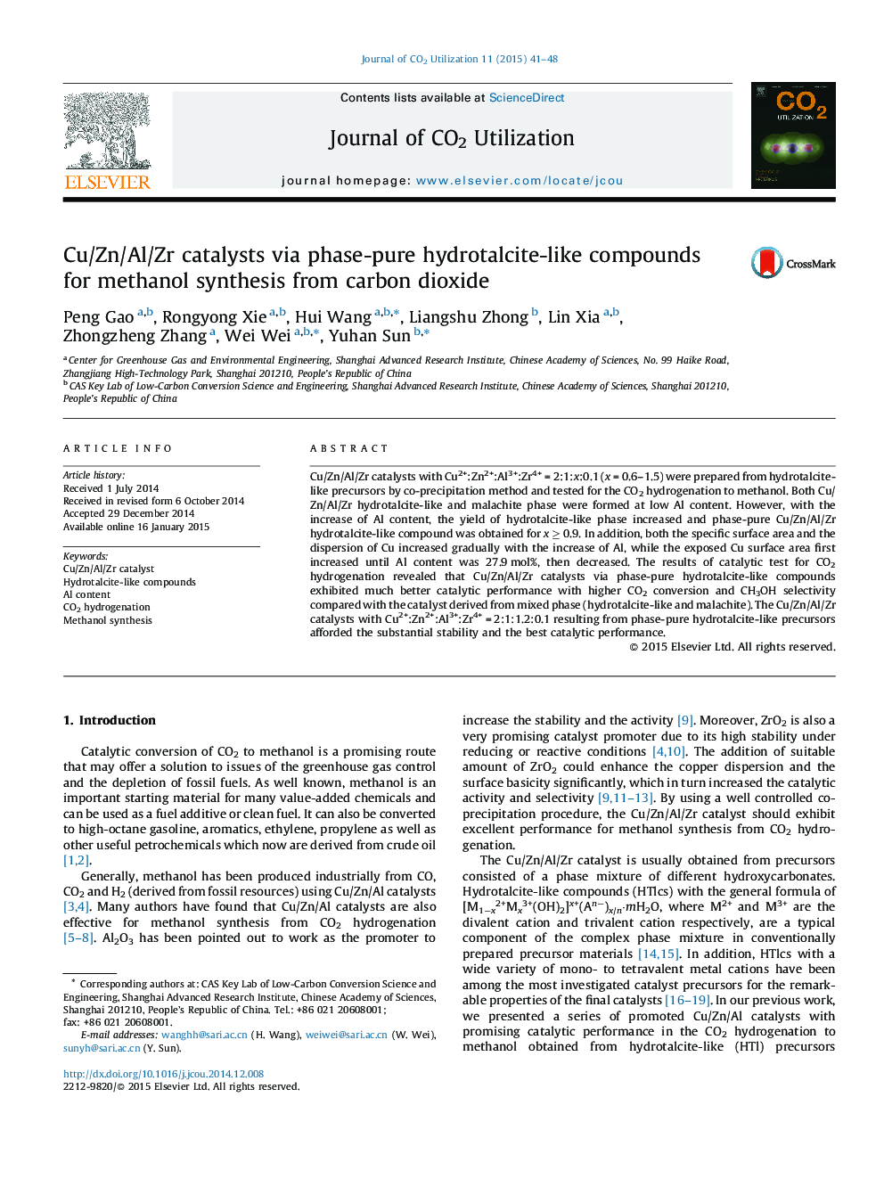 Cu/Zn/Al/Zr catalysts via phase-pure hydrotalcite-like compounds for methanol synthesis from carbon dioxide