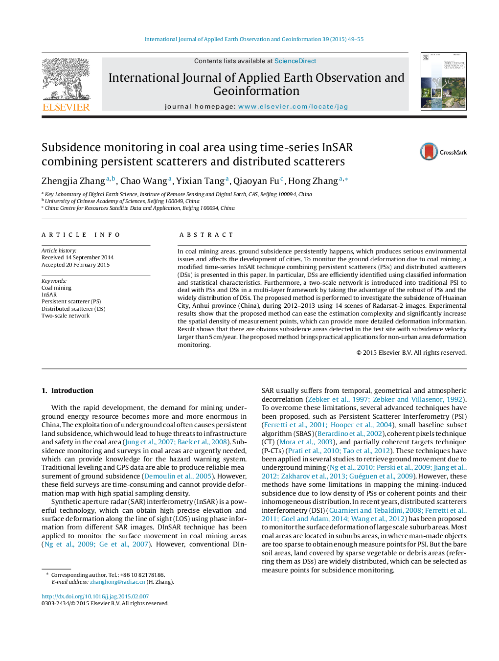 Subsidence monitoring in coal area using time-series InSAR combining persistent scatterers and distributed scatterers