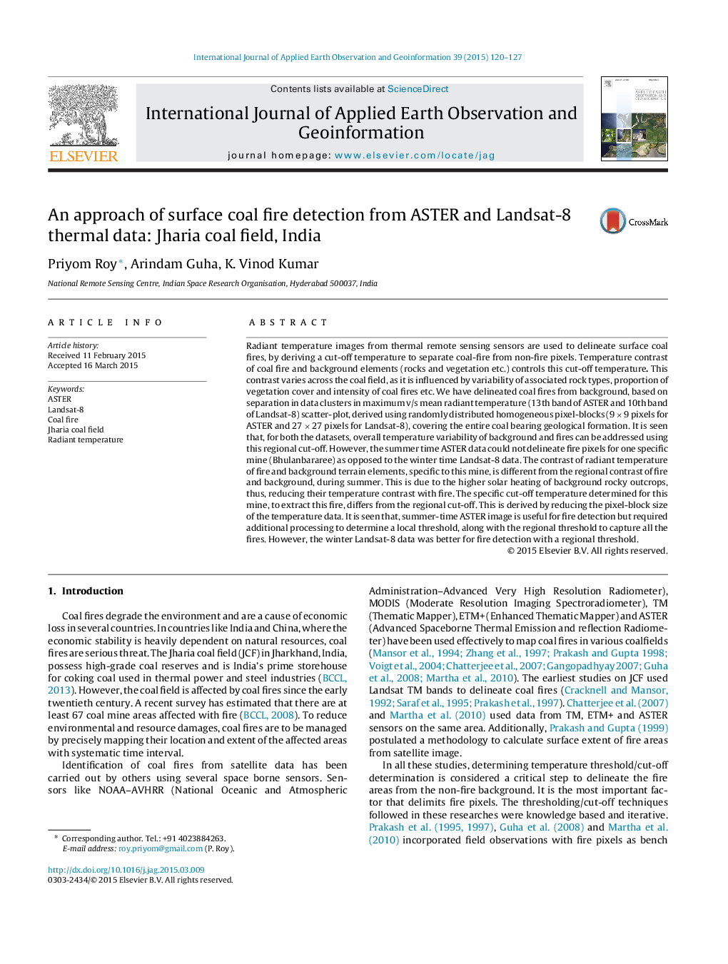 An approach of surface coal fire detection from ASTER and Landsat-8 thermal data: Jharia coal field, India