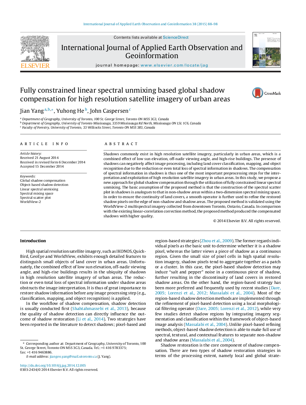 Fully constrained linear spectral unmixing based global shadow compensation for high resolution satellite imagery of urban areas