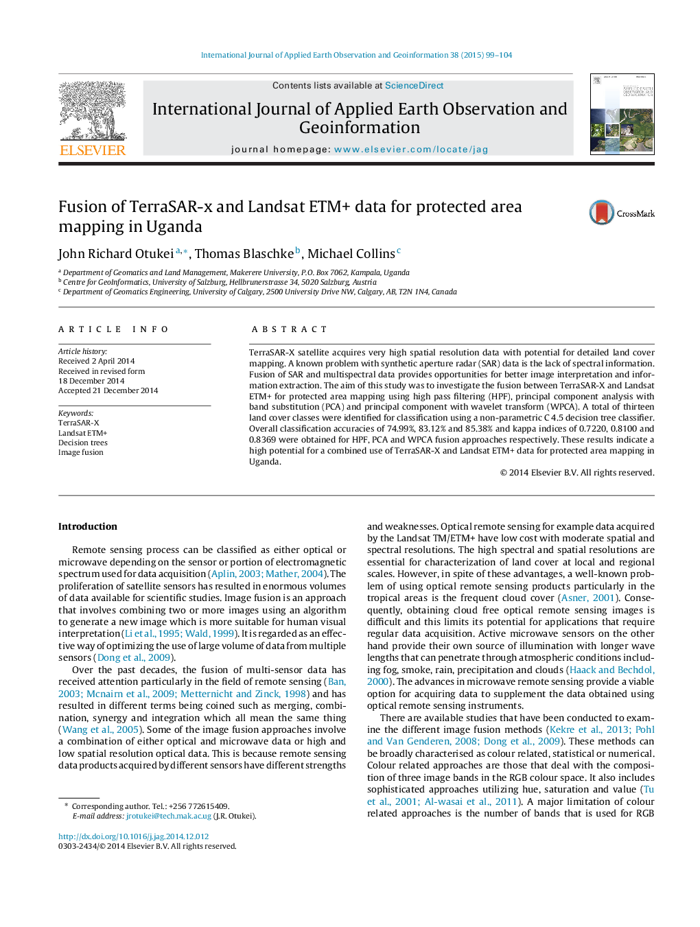 Fusion of TerraSAR-x and Landsat ETM+ data for protected area mapping in Uganda