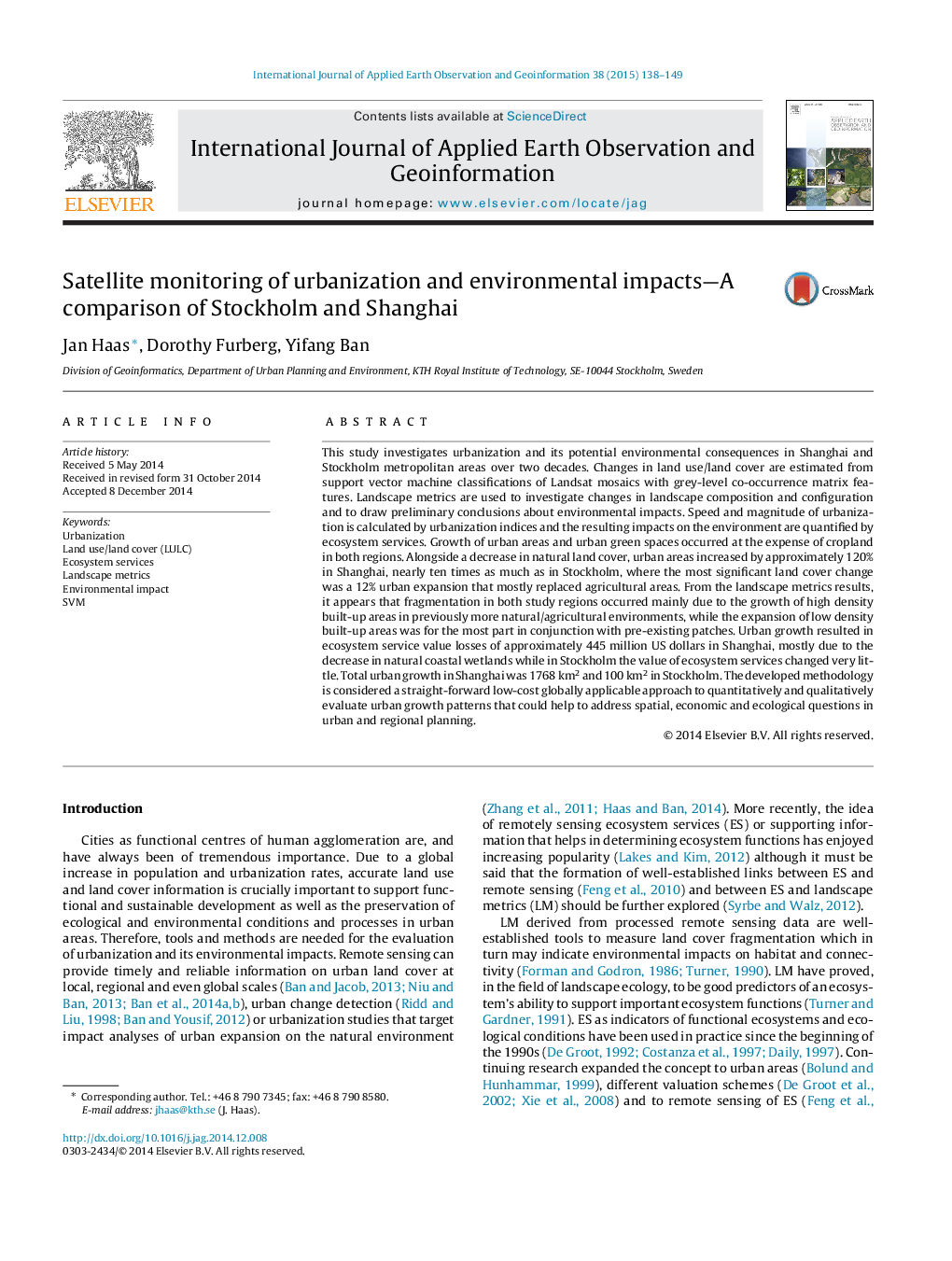 Satellite monitoring of urbanization and environmental impacts-A comparison of Stockholm and Shanghai