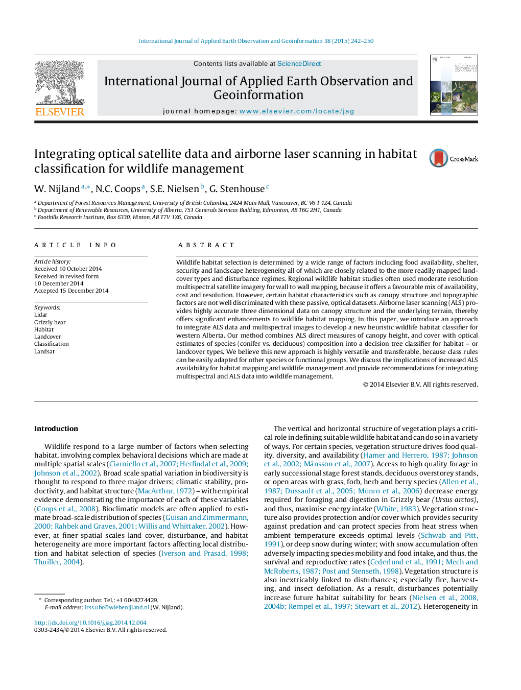 Integrating optical satellite data and airborne laser scanning in habitat classification for wildlife management