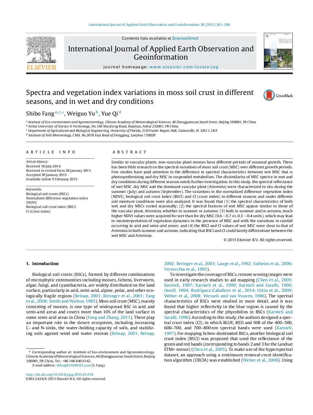 Spectra and vegetation index variations in moss soil crust in different seasons, and in wet and dry conditions