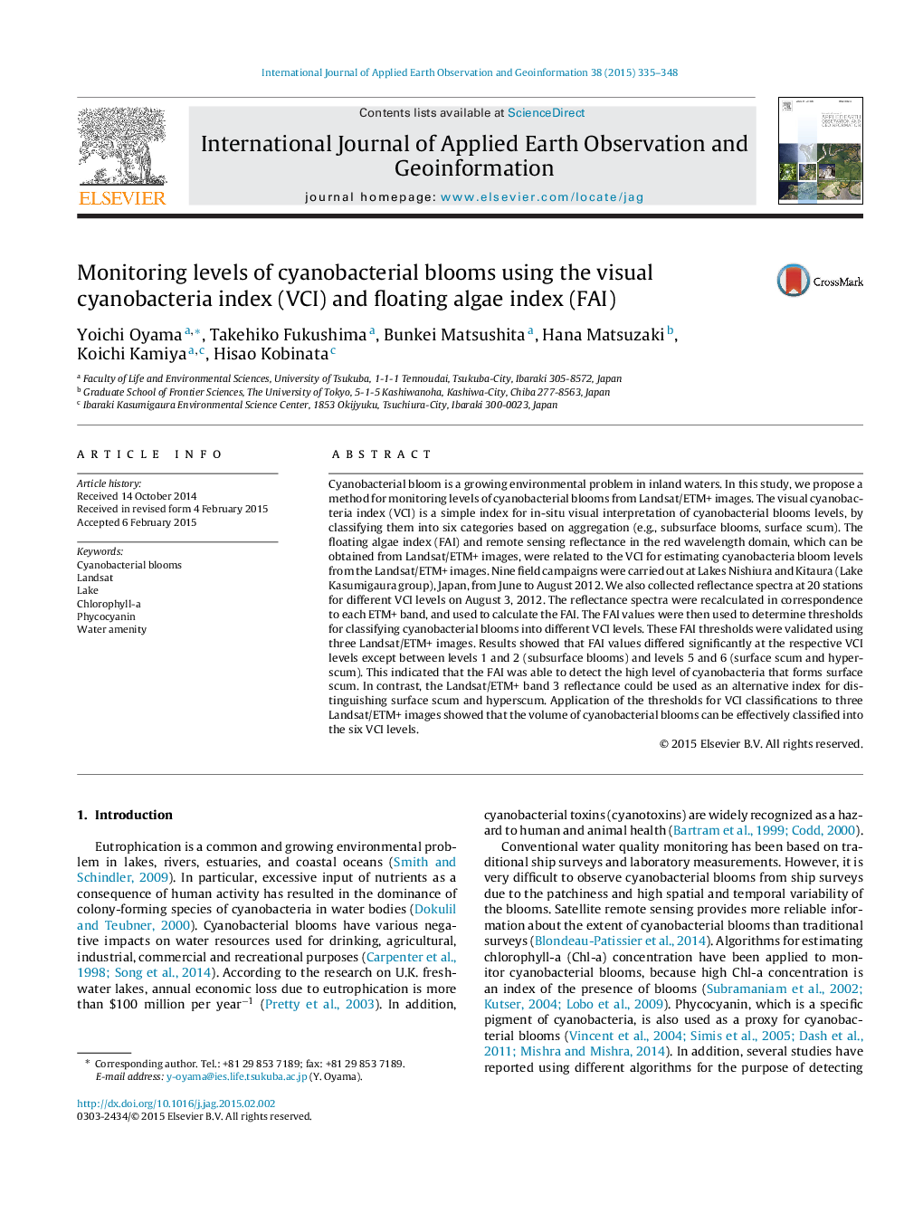 Monitoring levels of cyanobacterial blooms using the visual cyanobacteria index (VCI) and floating algae index (FAI)