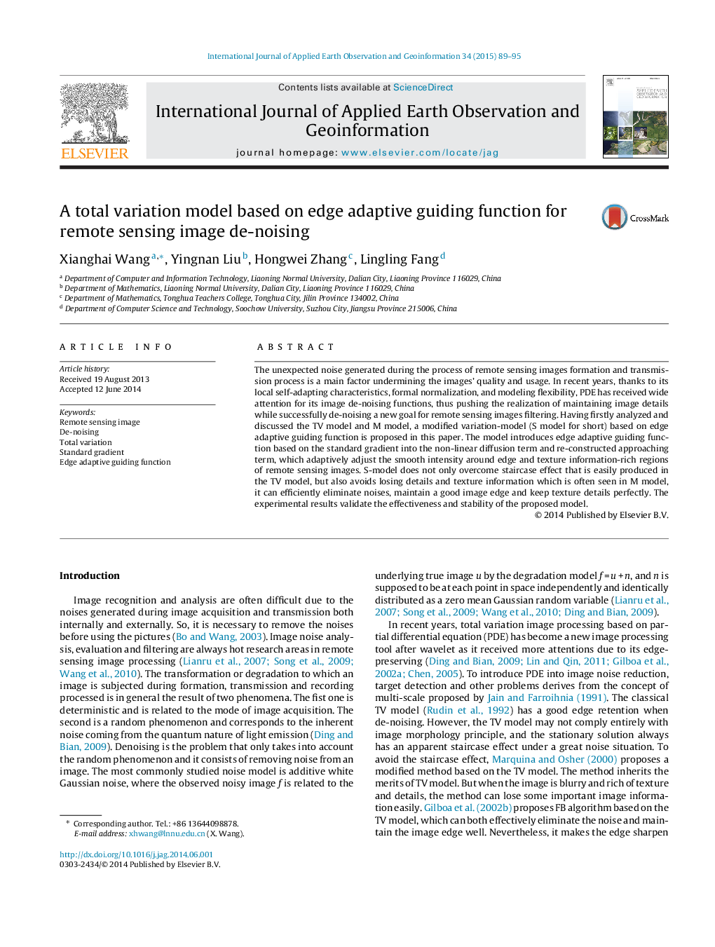 A total variation model based on edge adaptive guiding function for remote sensing image de-noising