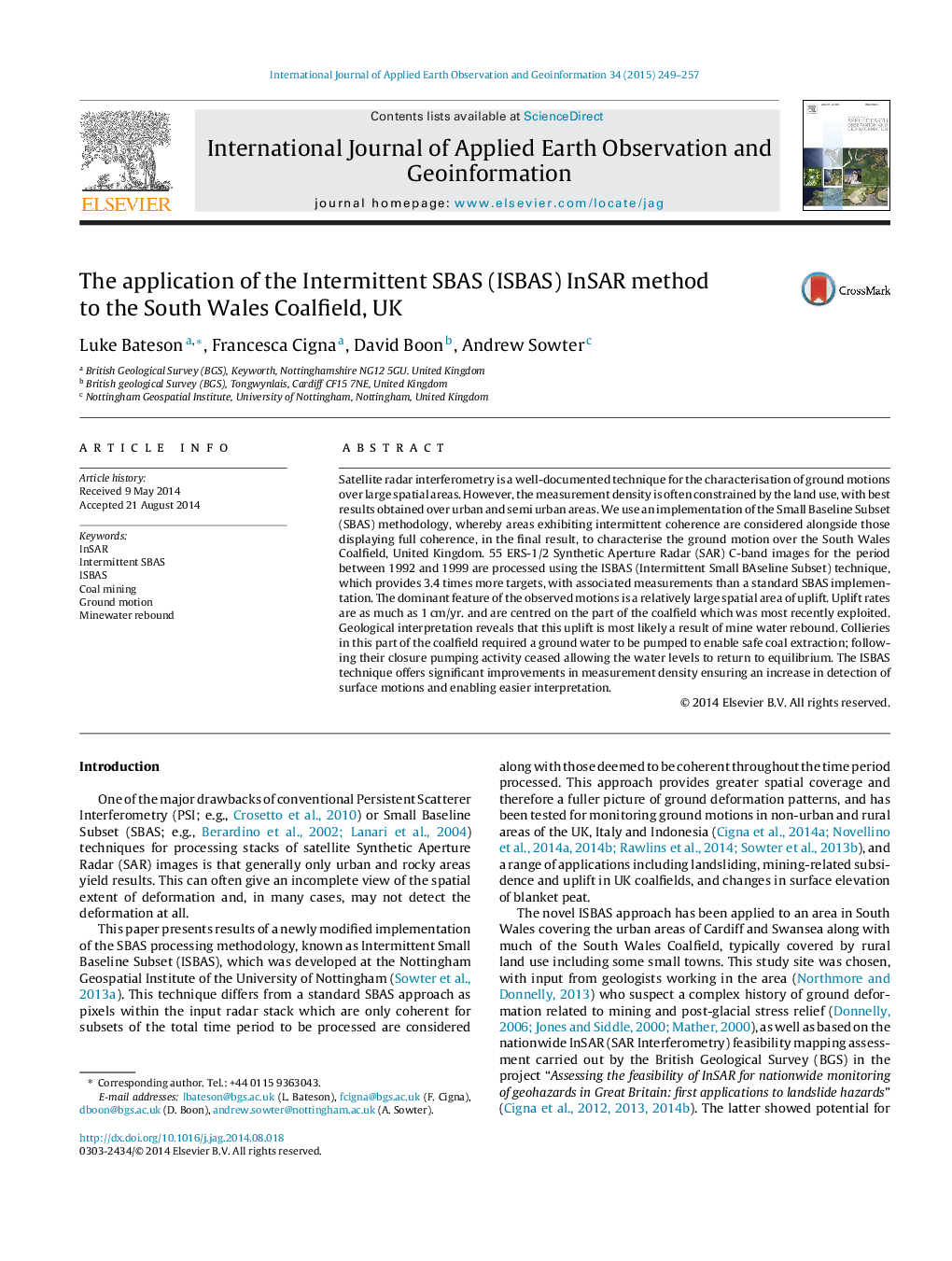 The application of the Intermittent SBAS (ISBAS) InSAR method to the South Wales Coalfield, UK