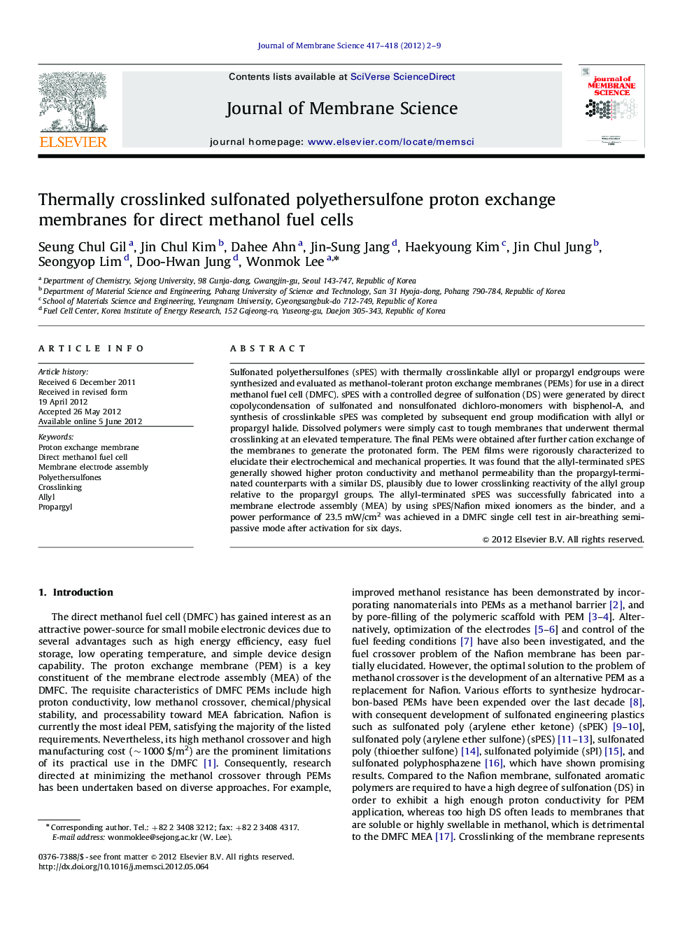 Thermally crosslinked sulfonated polyethersulfone proton exchange membranes for direct methanol fuel cells