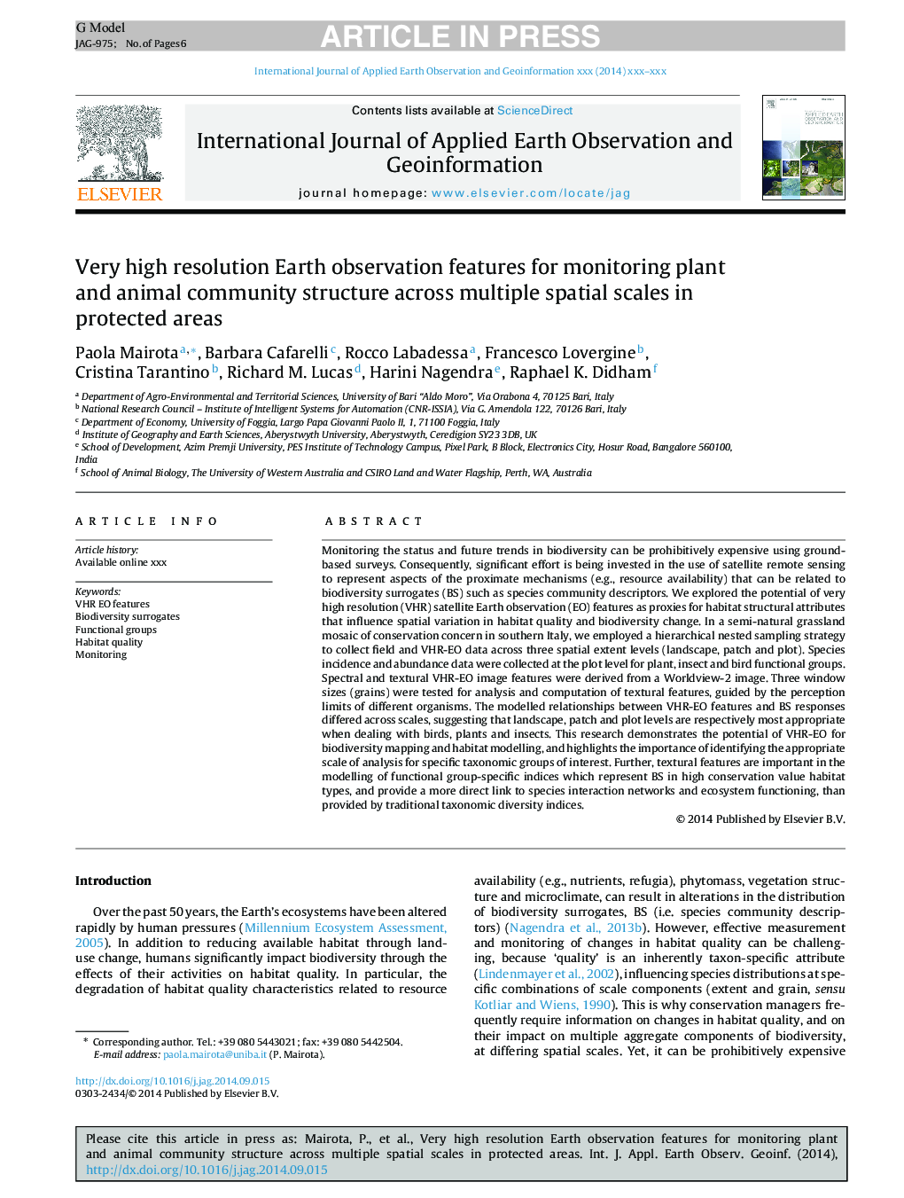 Very high resolution Earth observation features for monitoring plant and animal community structure across multiple spatial scales in protected areas