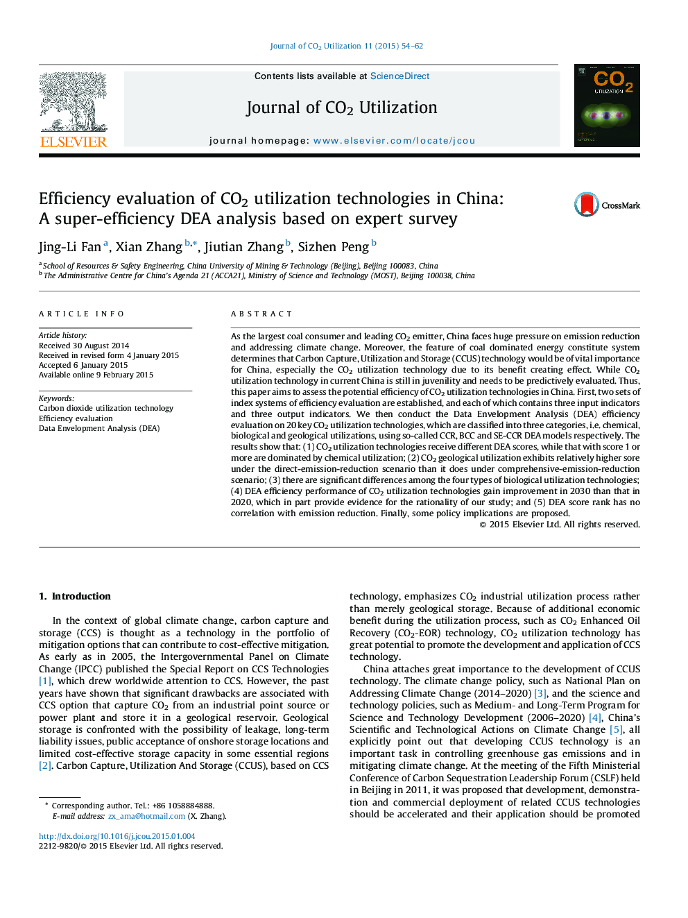 Efficiency evaluation of CO2 utilization technologies in China: A super-efficiency DEA analysis based on expert survey