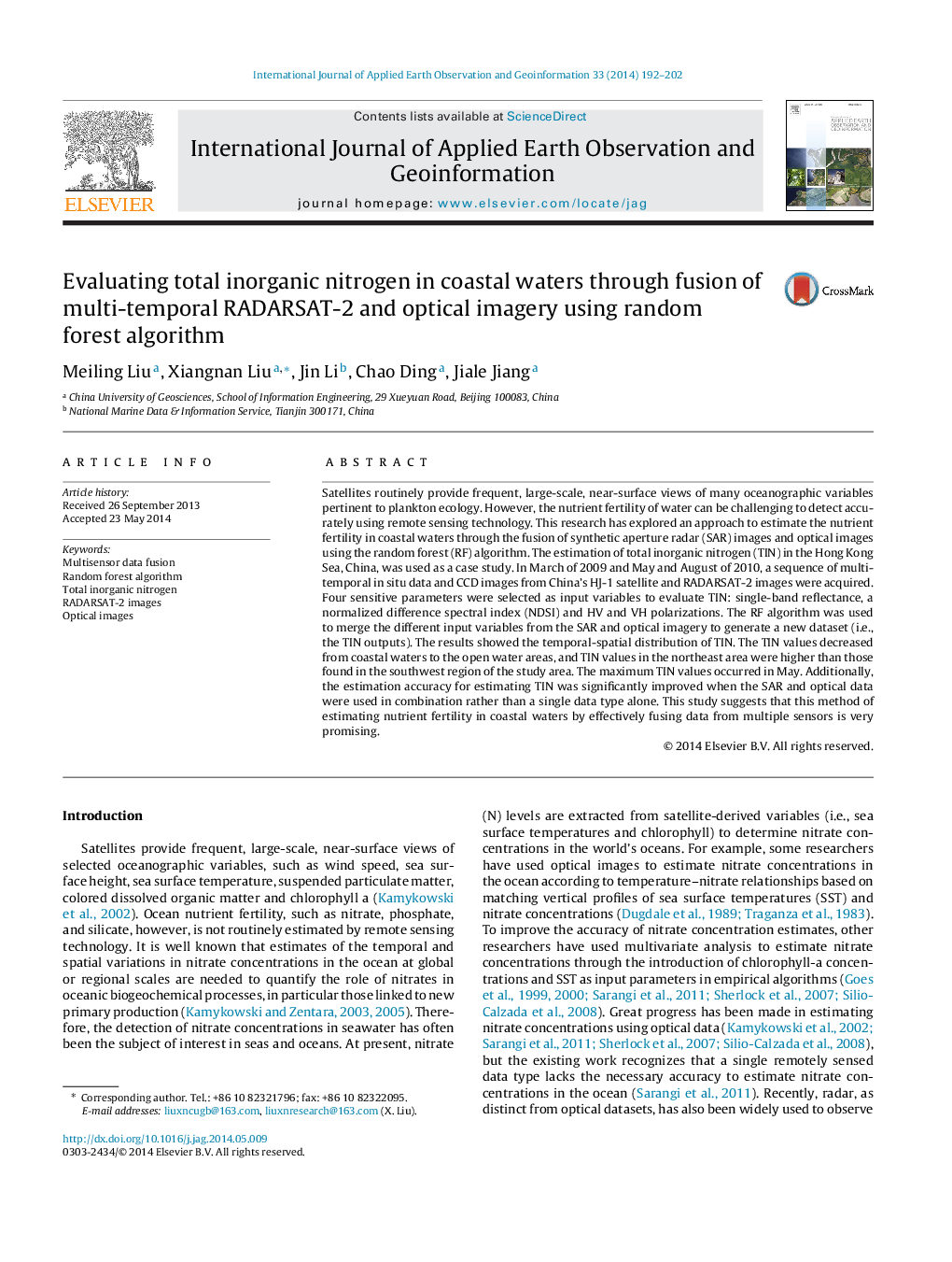 Evaluating total inorganic nitrogen in coastal waters through fusion of multi-temporal RADARSAT-2 and optical imagery using random forest algorithm