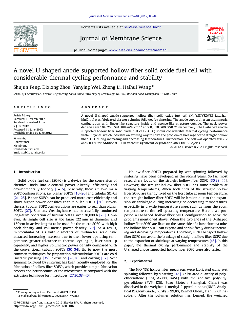 A novel U-shaped anode-supported hollow fiber solid oxide fuel cell with considerable thermal cycling performance and stability