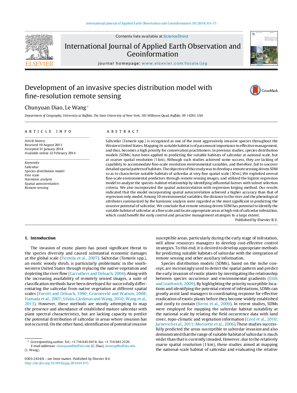 Development of an invasive species distribution model with fine-resolution remote sensing