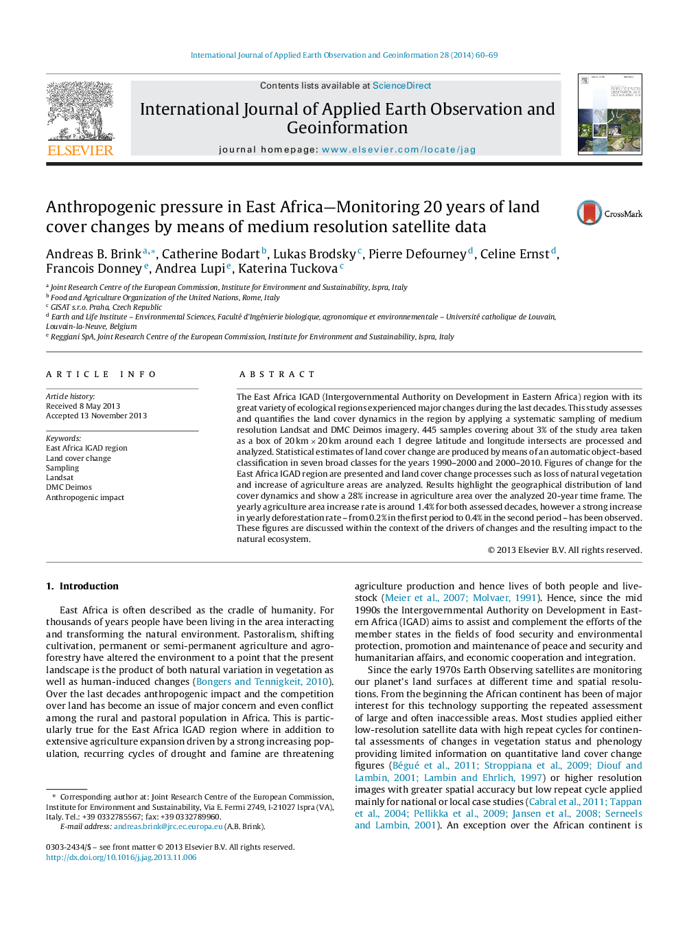 Anthropogenic pressure in East Africa-Monitoring 20 years of land cover changes by means of medium resolution satellite data