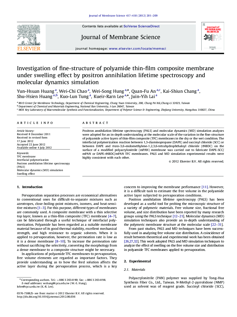 Investigation of fine-structure of polyamide thin-film composite membrane under swelling effect by positron annihilation lifetime spectroscopy and molecular dynamics simulation