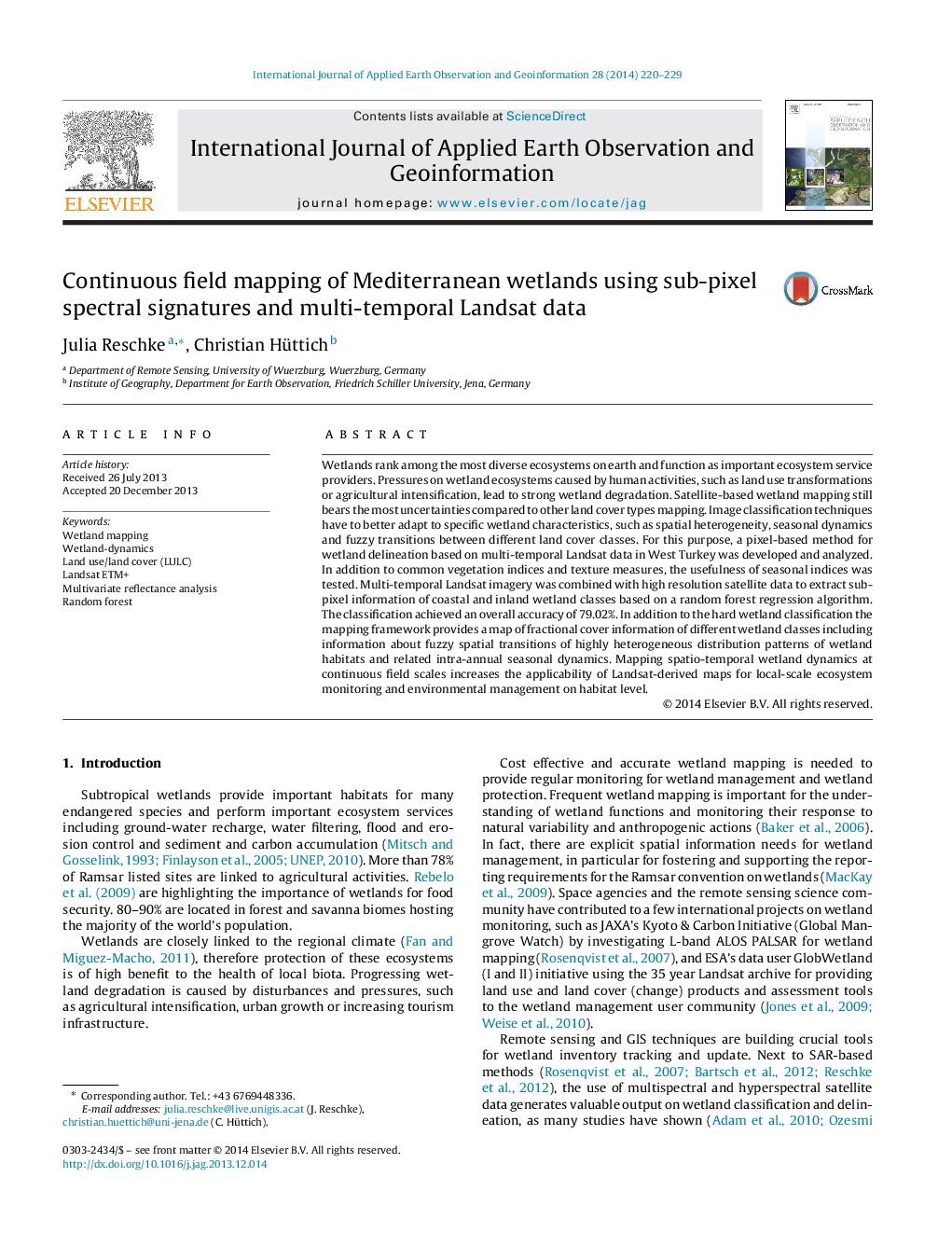 Continuous field mapping of Mediterranean wetlands using sub-pixel spectral signatures and multi-temporal Landsat data