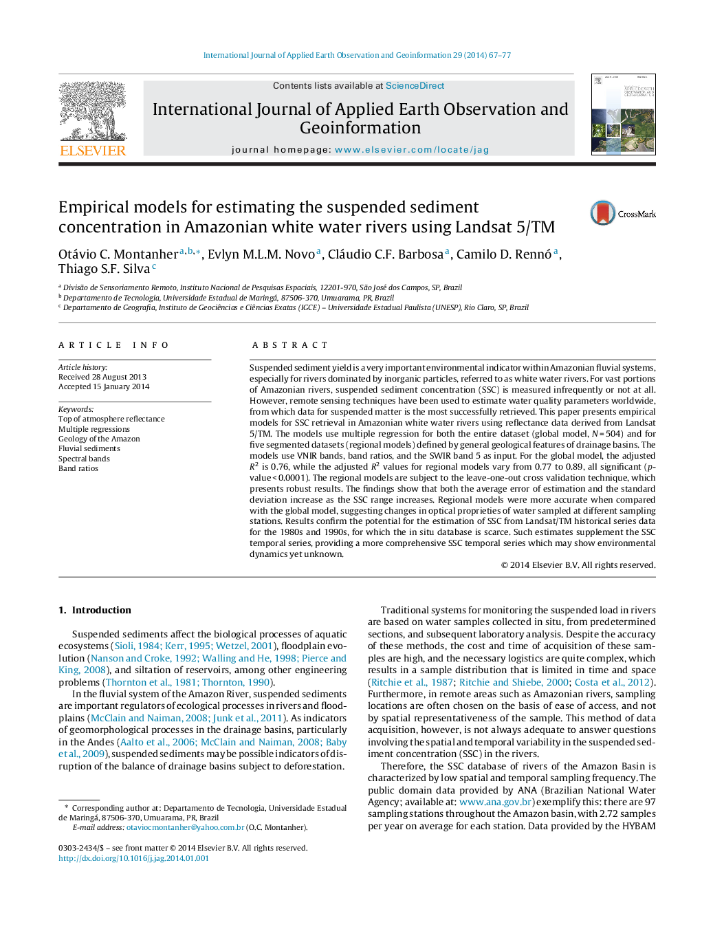 Empirical models for estimating the suspended sediment concentration in Amazonian white water rivers using Landsat 5/TM