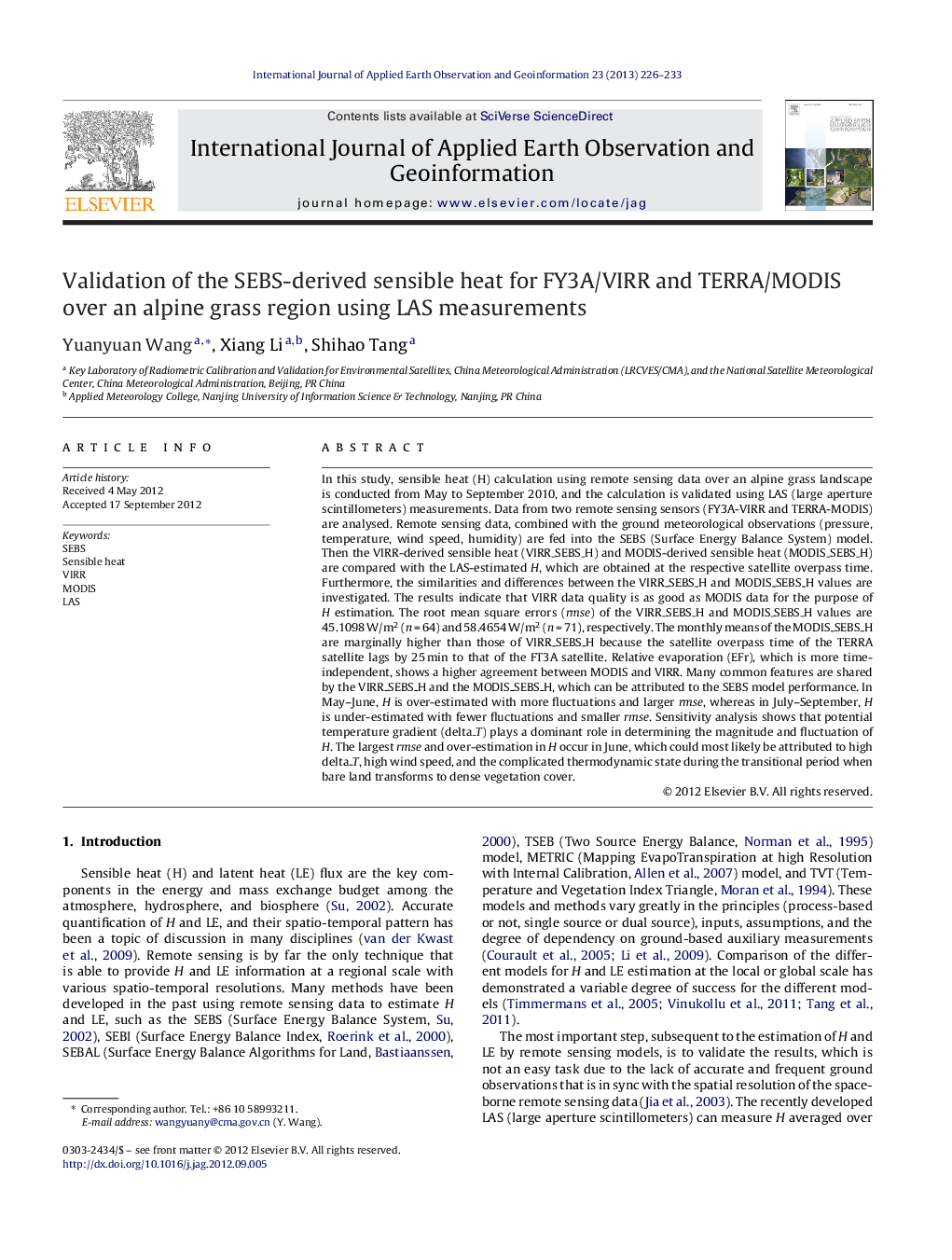 Validation of the SEBS-derived sensible heat for FY3A/VIRR and TERRA/MODIS over an alpine grass region using LAS measurements