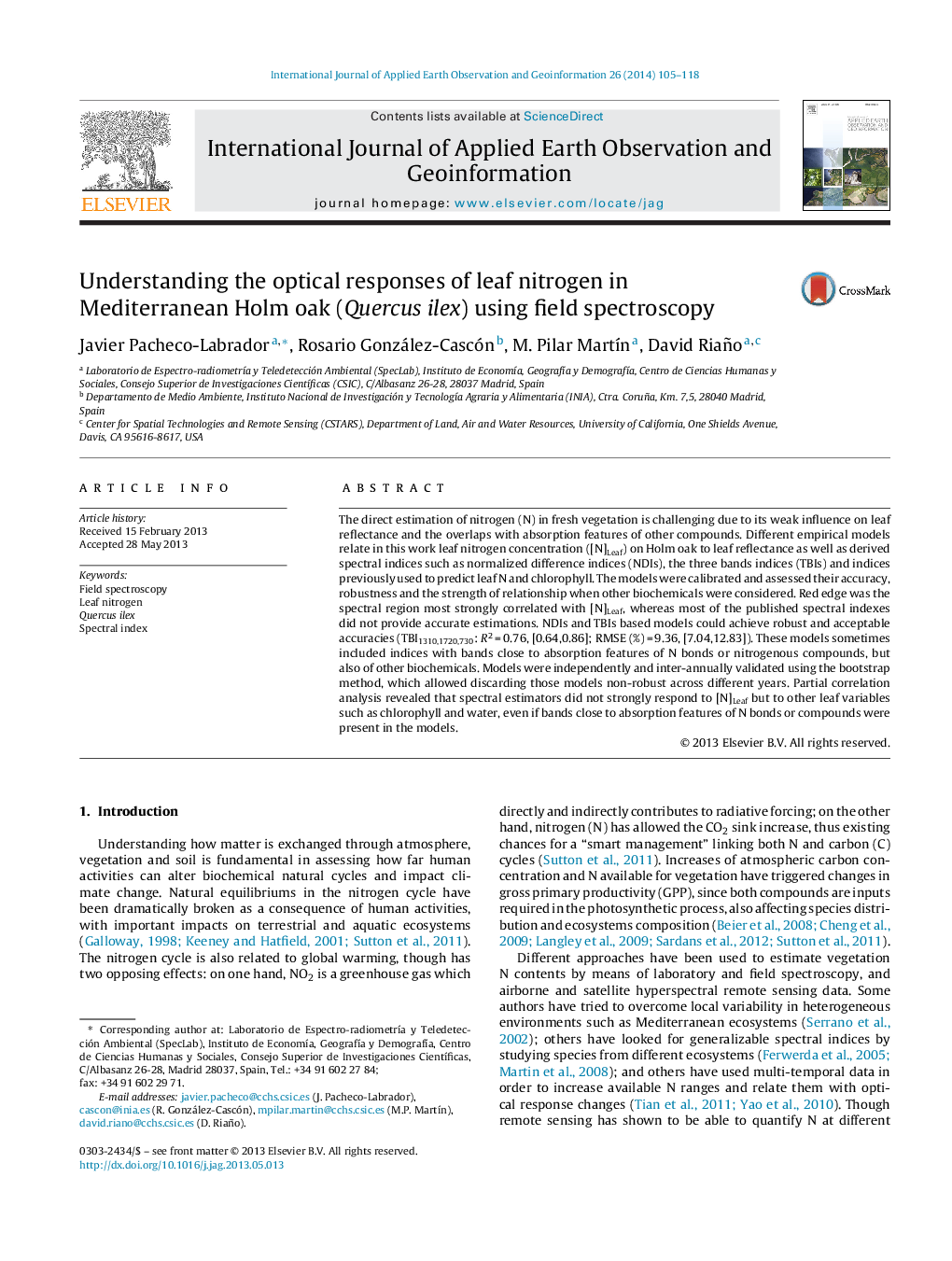 Understanding the optical responses of leaf nitrogen in Mediterranean Holm oak (Quercus ilex) using field spectroscopy