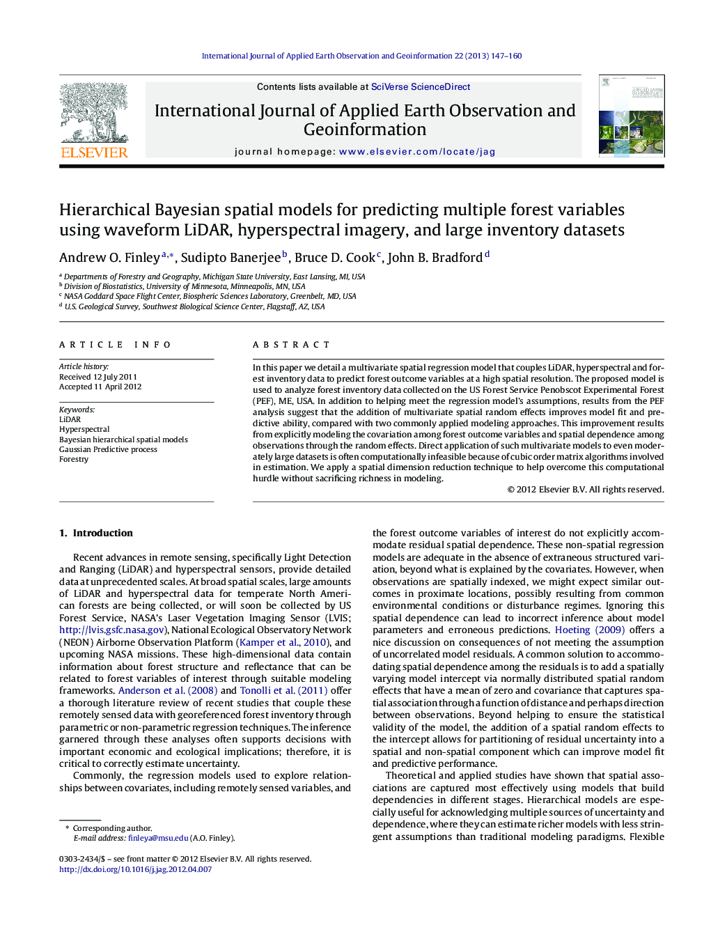 Hierarchical Bayesian spatial models for predicting multiple forest variables using waveform LiDAR, hyperspectral imagery, and large inventory datasets