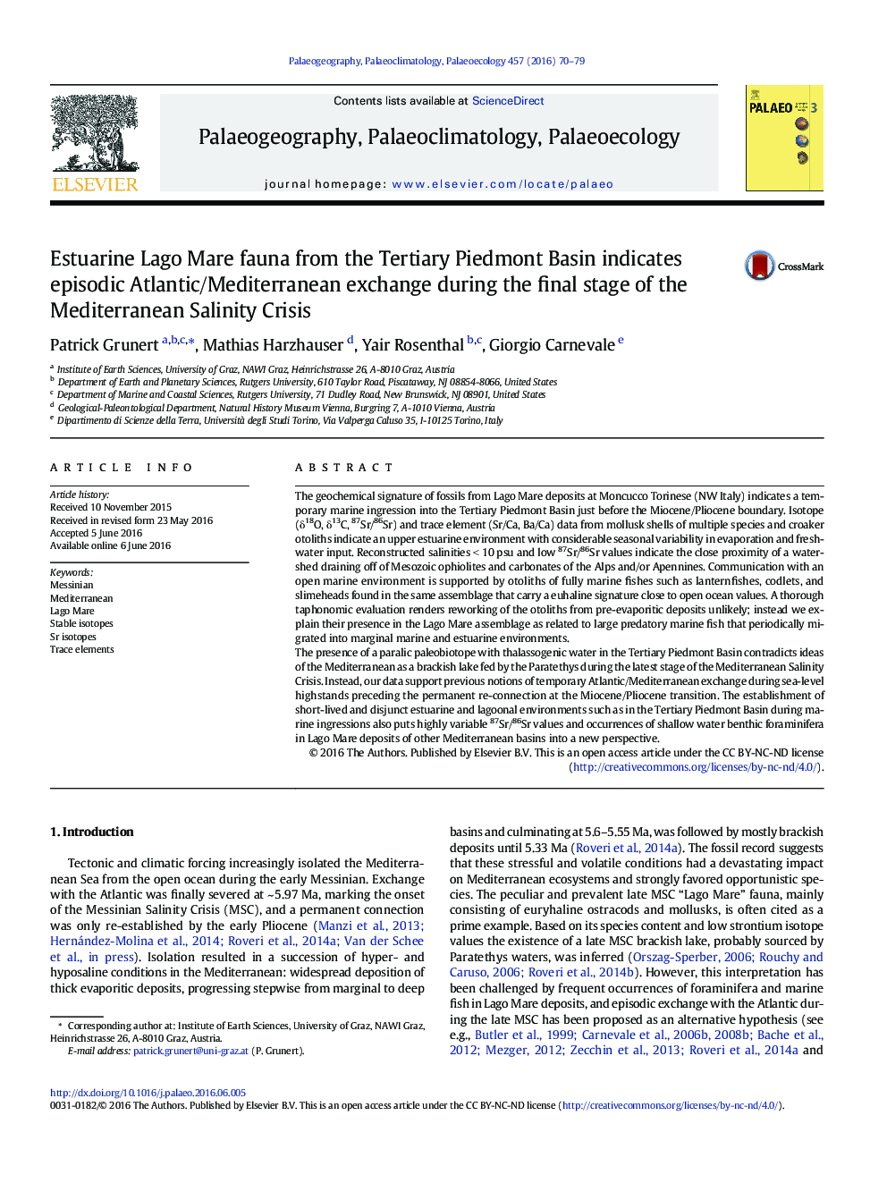 Estuarine Lago Mare fauna from the Tertiary Piedmont Basin indicates episodic Atlantic/Mediterranean exchange during the final stage of the Mediterranean Salinity Crisis