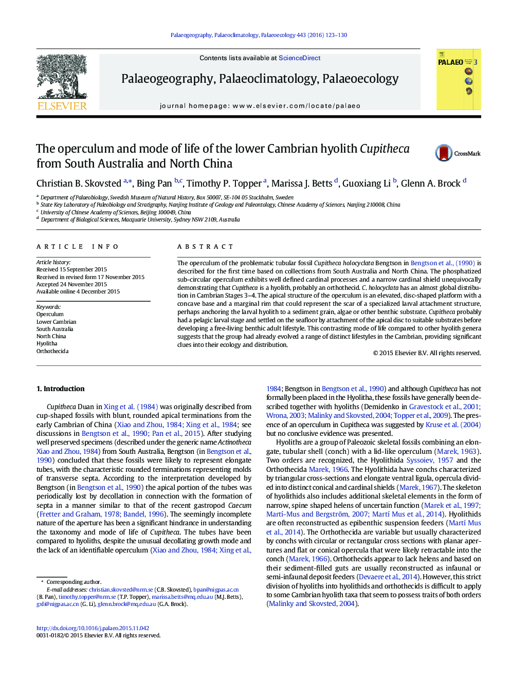 The operculum and mode of life of the lower Cambrian hyolith Cupitheca from South Australia and North China