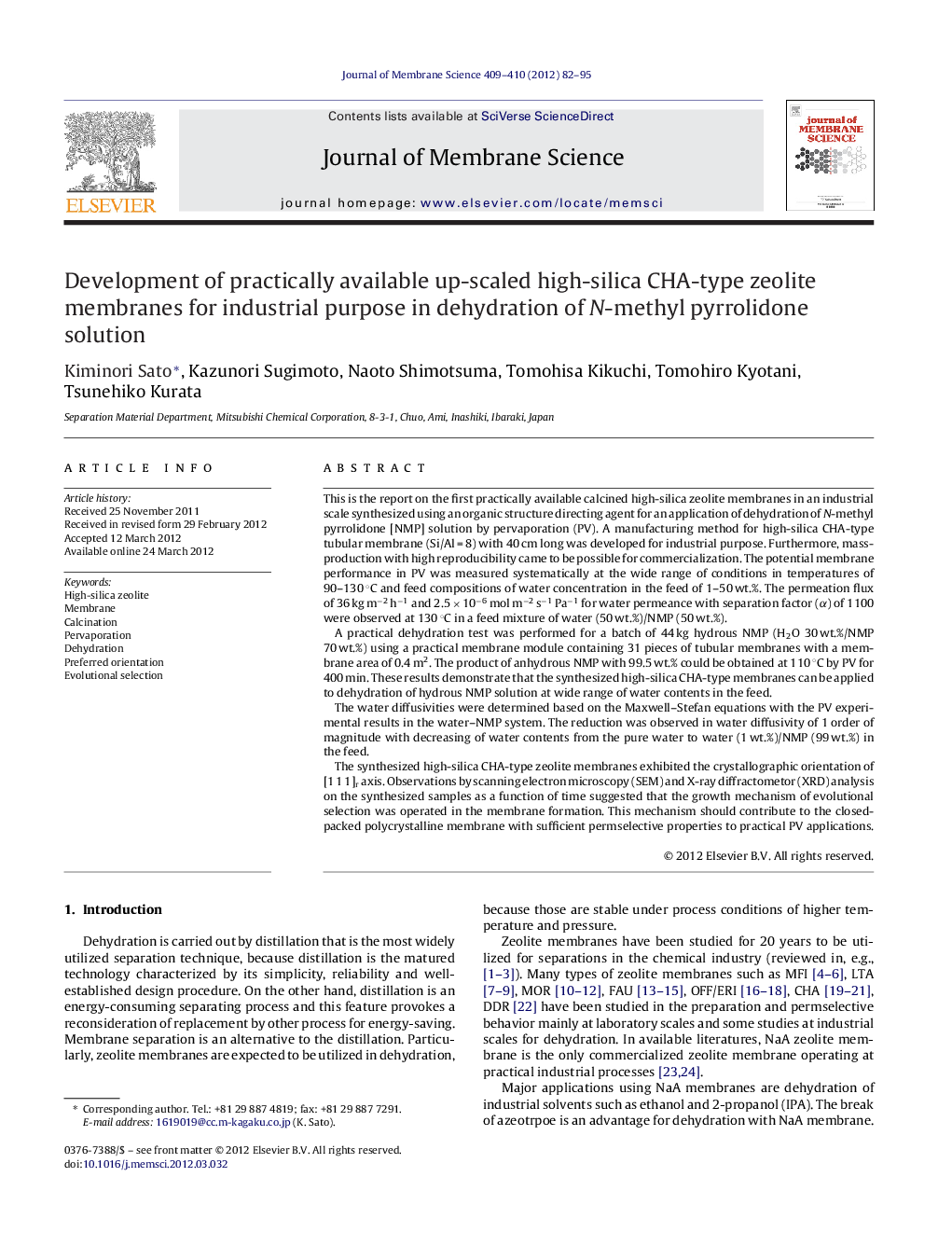 Development of practically available up-scaled high-silica CHA-type zeolite membranes for industrial purpose in dehydration of N-methyl pyrrolidone solution