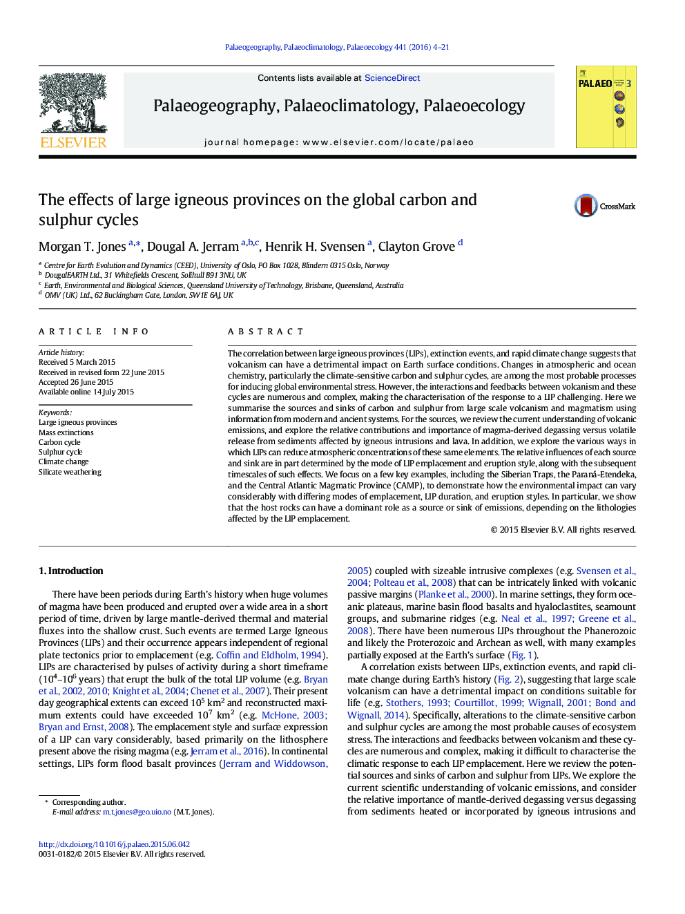 The effects of large igneous provinces on the global carbon and sulphur cycles