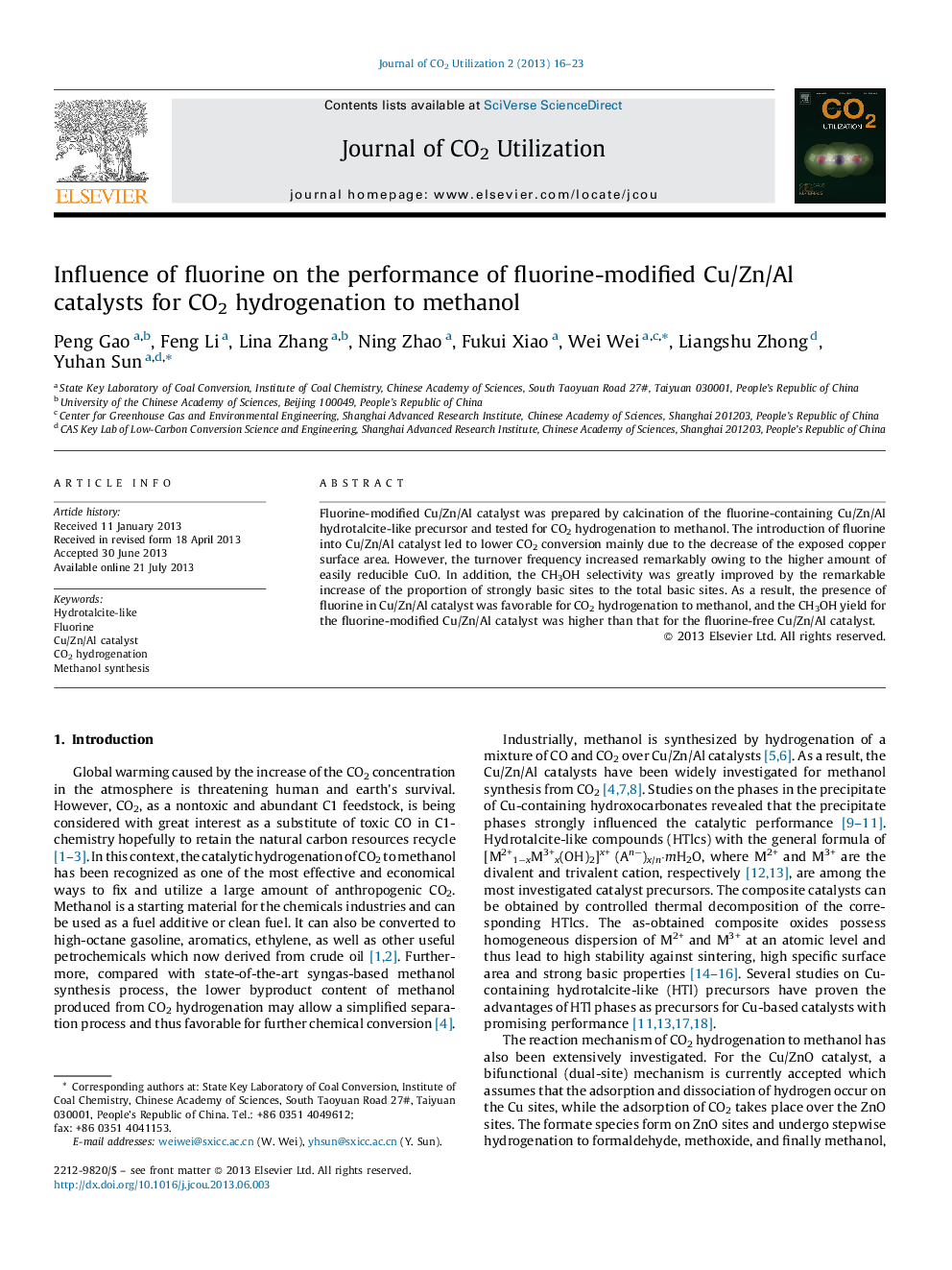 Influence of fluorine on the performance of fluorine-modified Cu/Zn/Al catalysts for CO2 hydrogenation to methanol