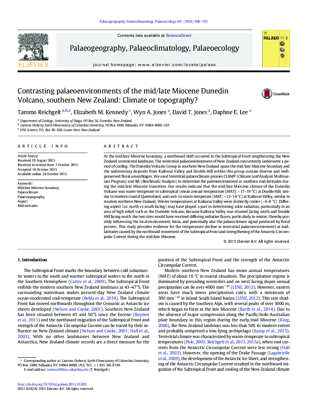 Contrasting palaeoenvironments of the mid/late Miocene Dunedin Volcano, southern New Zealand: Climate or topography?