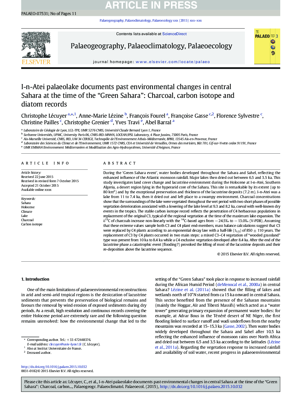 I-n-Atei palaeolake documents past environmental changes in central Sahara at the time of the “Green Sahara”: Charcoal, carbon isotope and diatom records