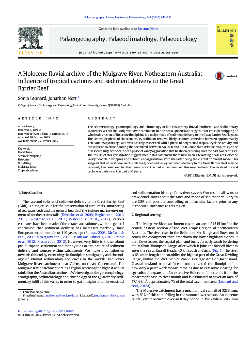 A Holocene fluvial archive of the Mulgrave River, Notheastern Australia: Influence of tropical cyclones and sediment delivery to the Great Barrier Reef