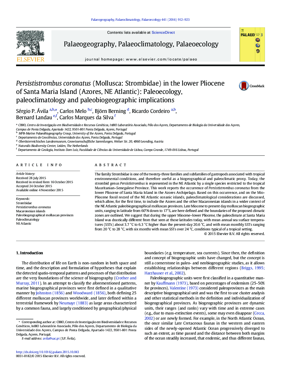 Persististrombus coronatus (Mollusca: Strombidae) in the lower Pliocene of Santa Maria Island (Azores, NE Atlantic): Paleoecology, paleoclimatology and paleobiogeographic implications