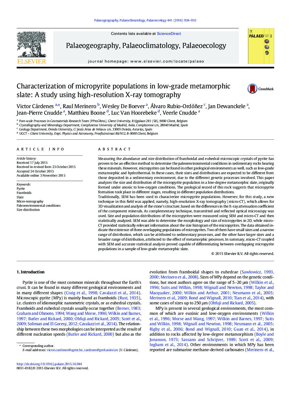 عکس صفحه اول مقاله: Characterization of micropyrite populations in low-grade metamorphic slate: A study using high-resolution X-ray tomography Characterization of micropyrite populations in low-grade metamorphic slate: A study using high-resolution X-ray tomography