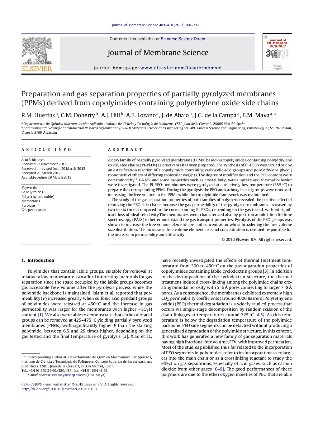 عکس صفحه اول مقاله: Preparation and gas separation properties of partially pyrolyzed membranes (PPMs) derived from copolyimides containing polyethylene oxide side chains Preparation and gas separation properties of partially pyrolyzed membranes (PPMs) derived from copolyimides containing polyethylene oxide side chains