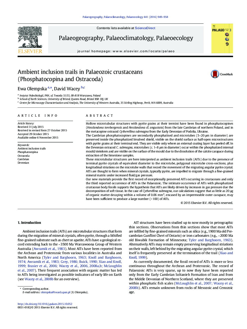 Ambient inclusion trails in Palaeozoic crustaceans (Phosphatocopina and Ostracoda)