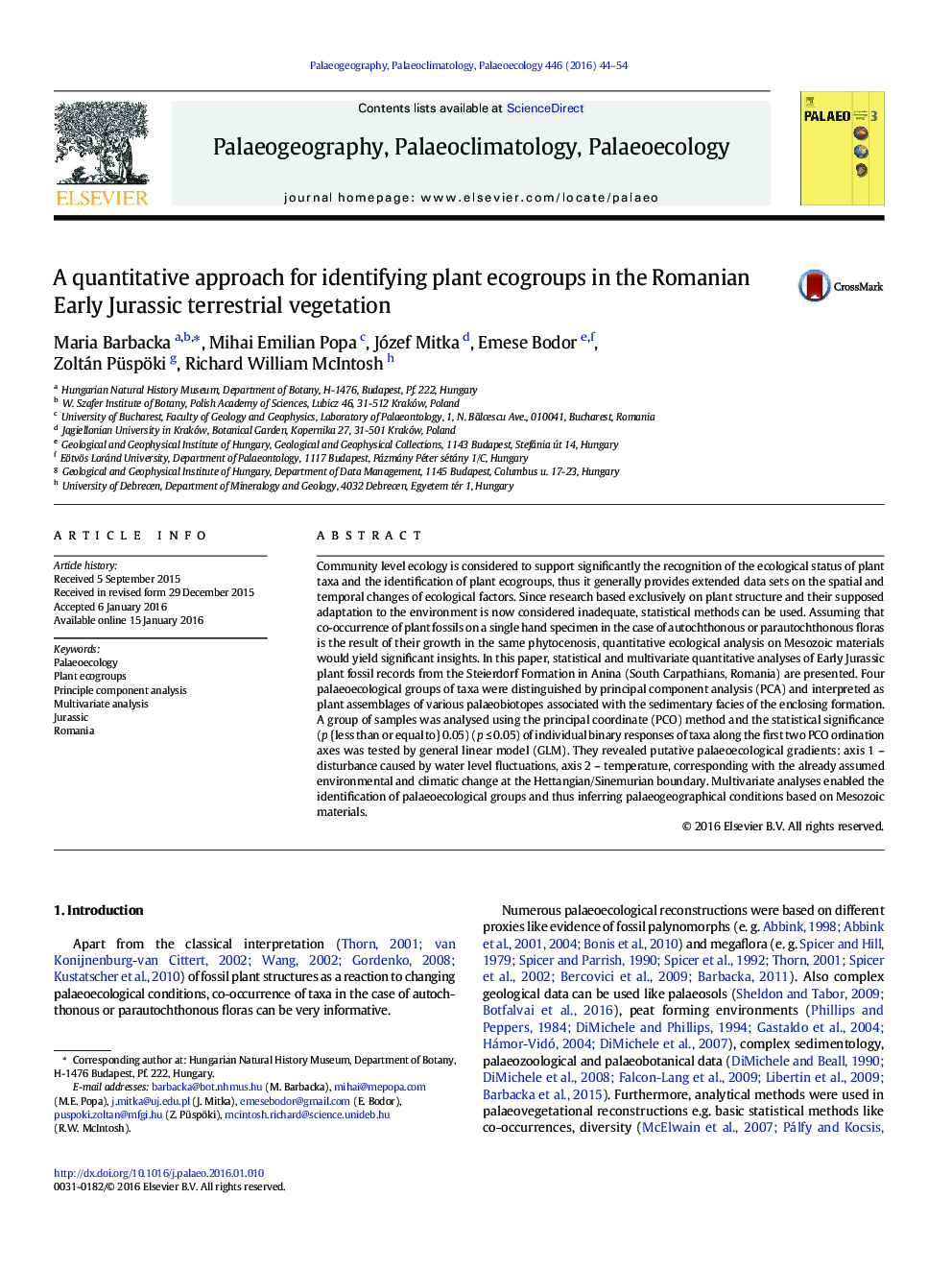 A quantitative approach for identifying plant ecogroups in the Romanian Early Jurassic terrestrial vegetation