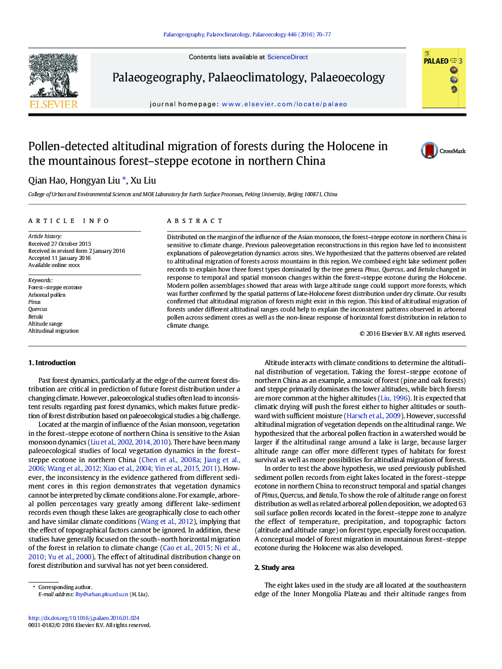 Pollen-detected altitudinal migration of forests during the Holocene in the mountainous forest-steppe ecotone in northern China