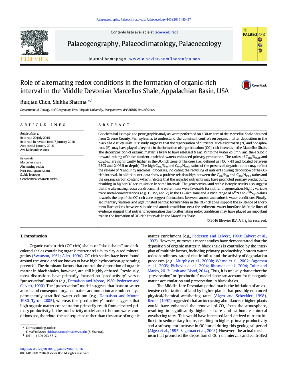 Role of alternating redox conditions in the formation of organic-rich interval in the Middle Devonian Marcellus Shale, Appalachian Basin, USA