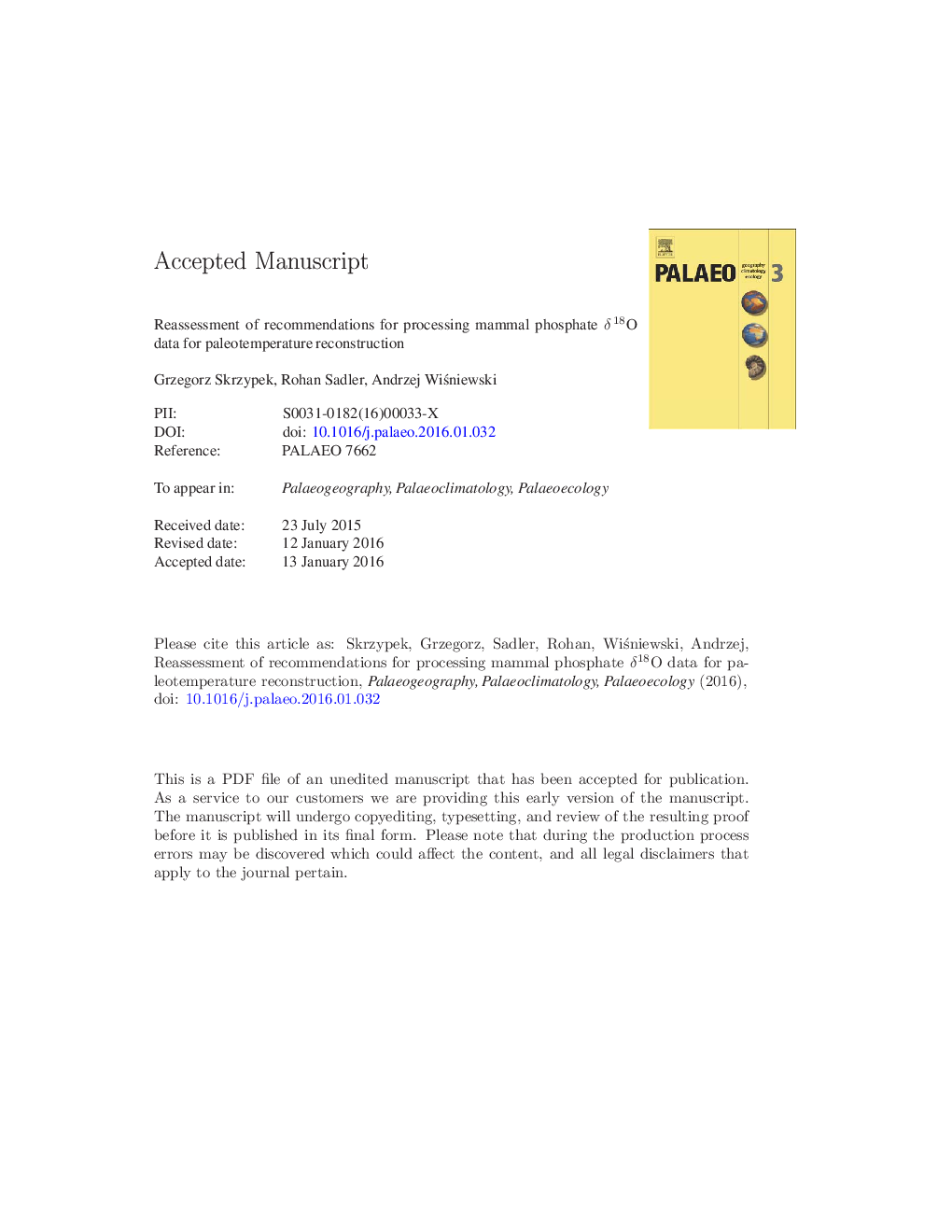 Reassessment of recommendations for processing mammal phosphate δ18O data for paleotemperature reconstruction